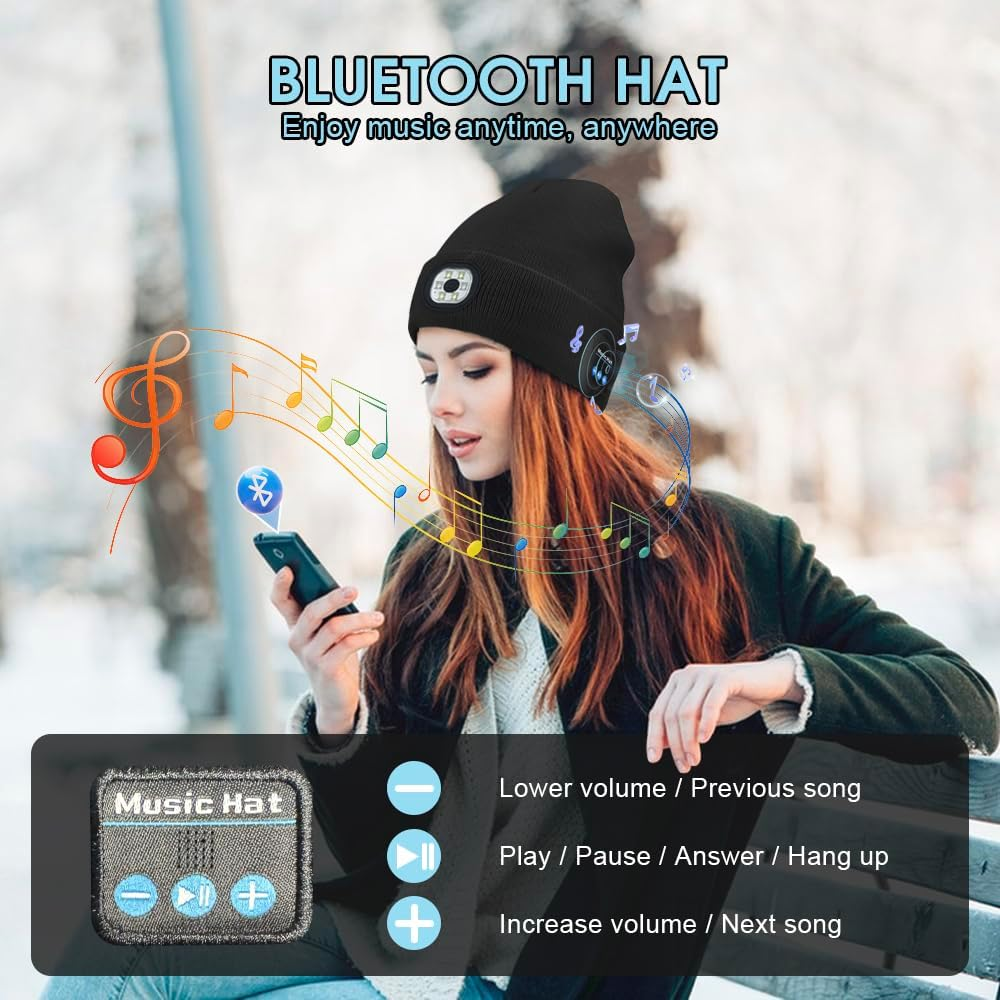 Sonicefit Bluetooth Beanie Music Hat with Light, Rechargeable LED Headlamp Knit Cap with Built-In Wireless Headphones & Mic, Unisex Winter Warm Hat - Black image number 5