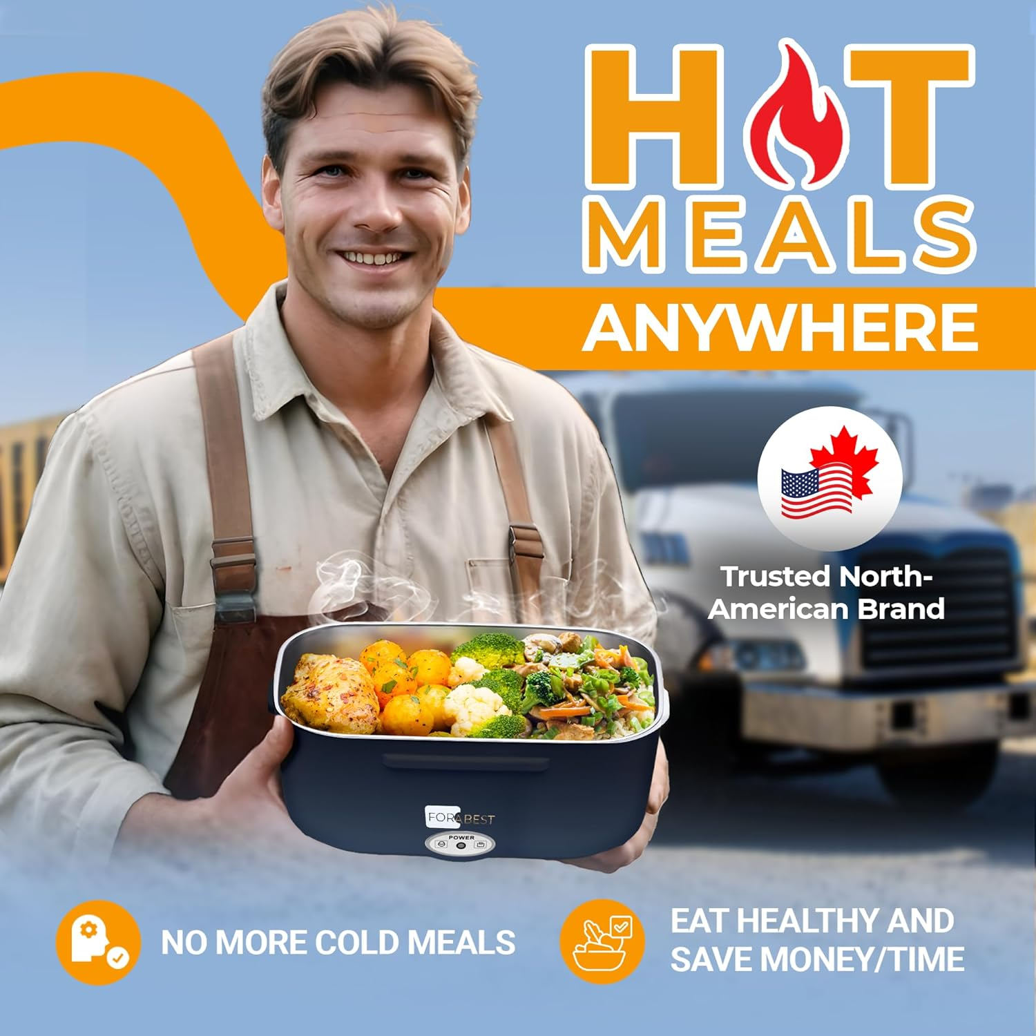 FORABEST Electric Lunch Box - Fast 60W Food Heater 3-In-1 Portable Food Warmer Lunch Box for Car & Home &ndash; Leak Proof, 2 Compartments, Removable 304 Stainless Steel Container, Fork, Spoon and Carry Bag