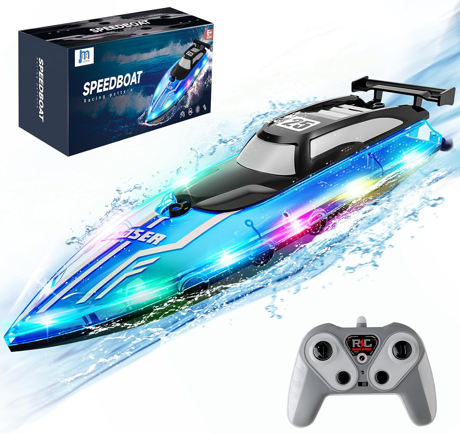 RC Boat with Dazzling LED Lights & US Flag,2.4Ghz Remote Control Racing Boats for Kids 8-12,Toy Water Boat for Pools and Lakes with Waterproof for Boys Girls Blue image number 3