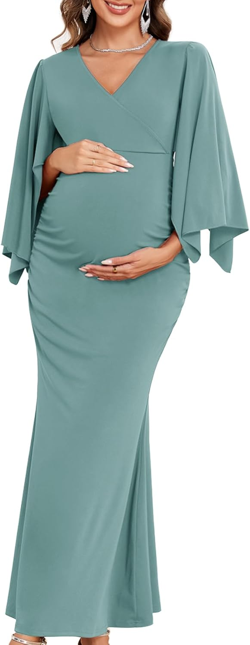 Maxi Maternity Dress with Flower Sash Semi Formal Baby Shower Wedding Guest V-Neck Handkerchief Sleeves Elegant image number 4