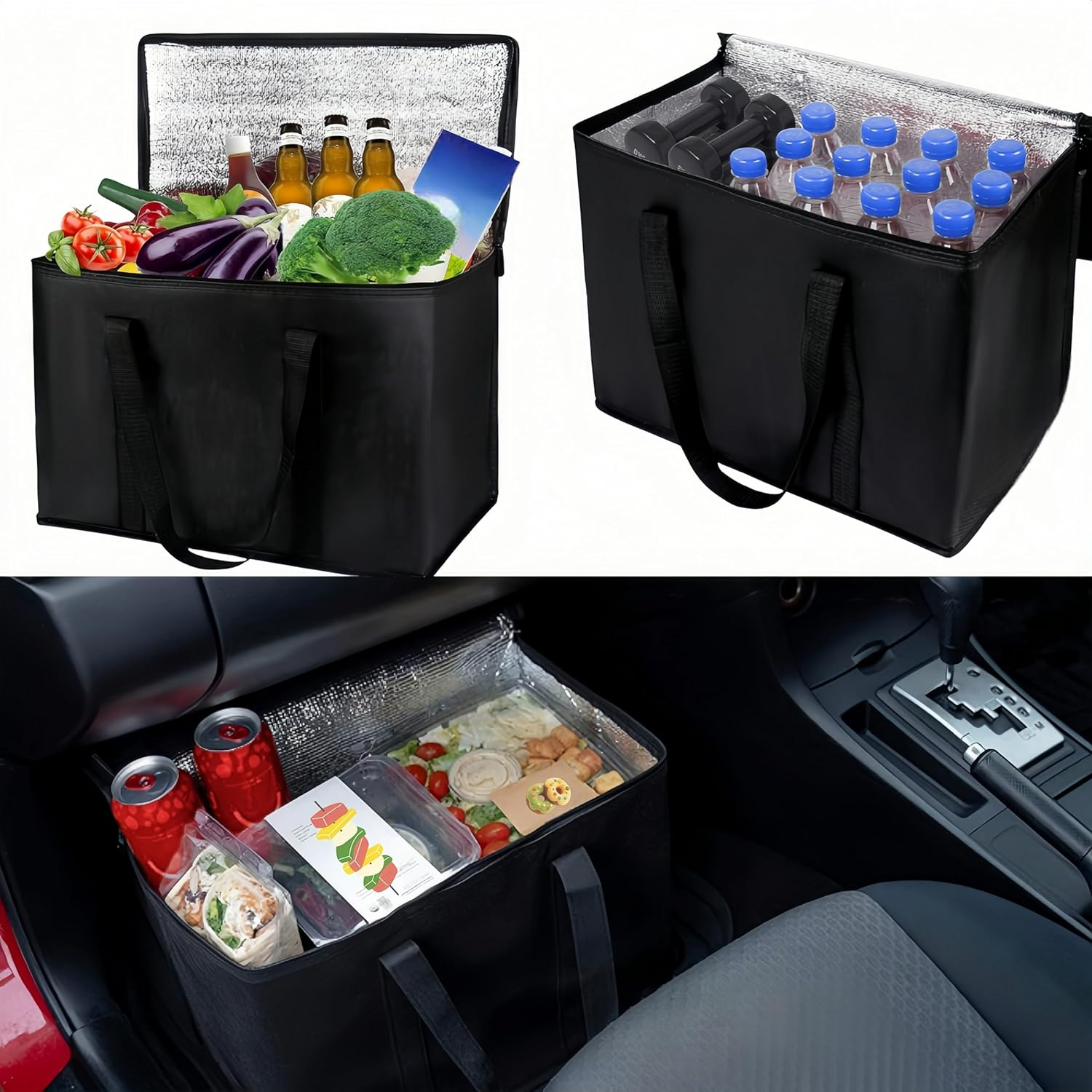 Large Insulated Cooler Bag,2 Pcs Reusable Insulated Grocery Bag,Leak Proof Insulated Shopping Bags,With Bottom Plate Foldable Tote Bags Insulated Food Delivery Bag,With Zippered Top Travel Cooler Bag