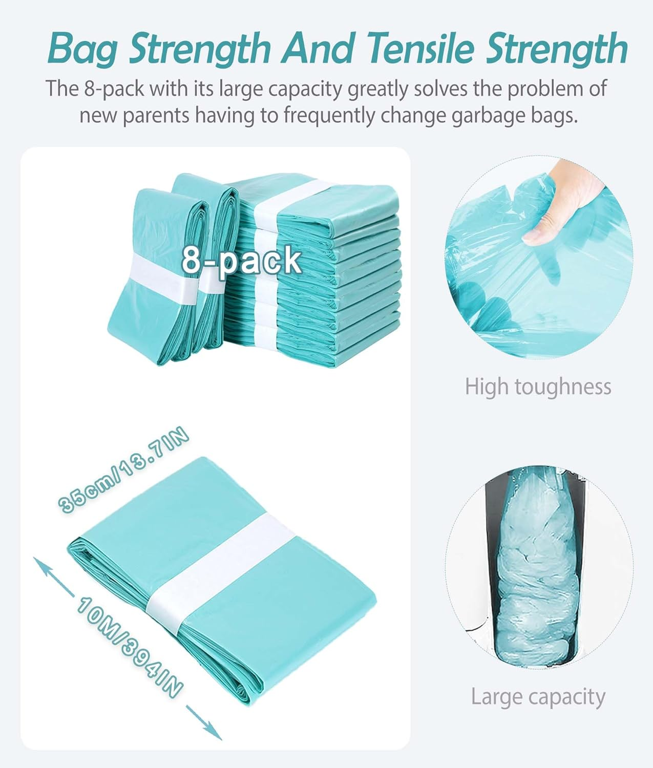 8-Pack Diaper Pail Liner Refills Bags(10M per Roll) Compatible with KORBELL Nappy Bin 16L Disposable Bag Refill,Odour Lock, Germ Protection, Durable & Leakproof image number 3