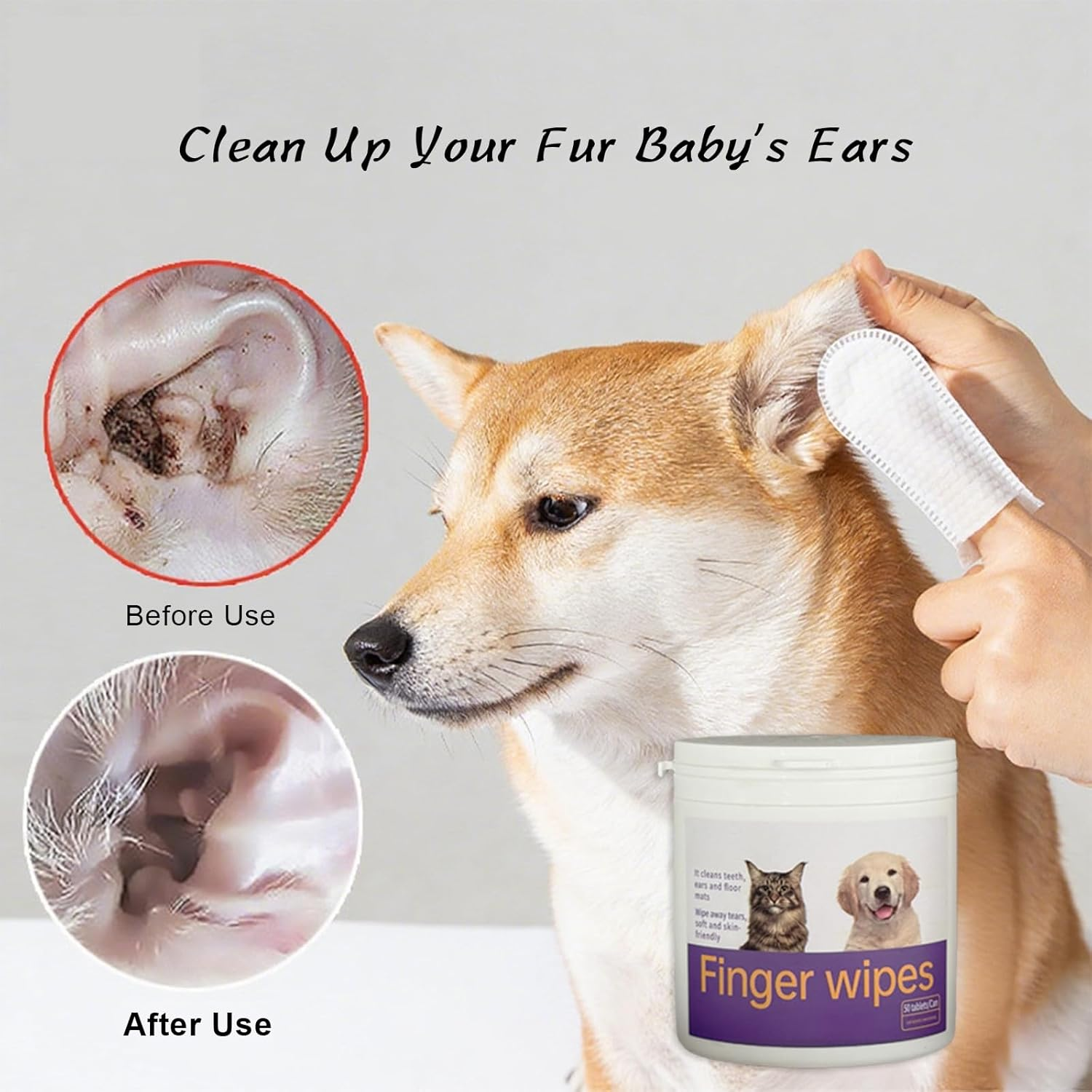 Dog Cat Multi-Purpose Cleaning Finger Wipes - Gentle Ear, Teeth & Daily Care with Natural Aloe & Cornflower, Safe Alcohol-Free Pet Hygiene Formula, Easy-To-Use Disposable Wipes 50Ct