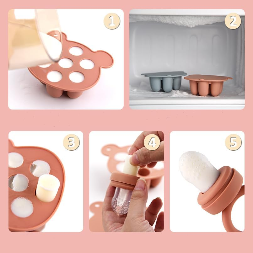 Baby Bear Food Freezer Tray Baby Fruit Feeder Combo,Breastmilk Popsicle Molds for Baby Cooling Relief, BPA Free Silicone Fruit Feeder and Teether for Newborn Babies (Blue) image number 2