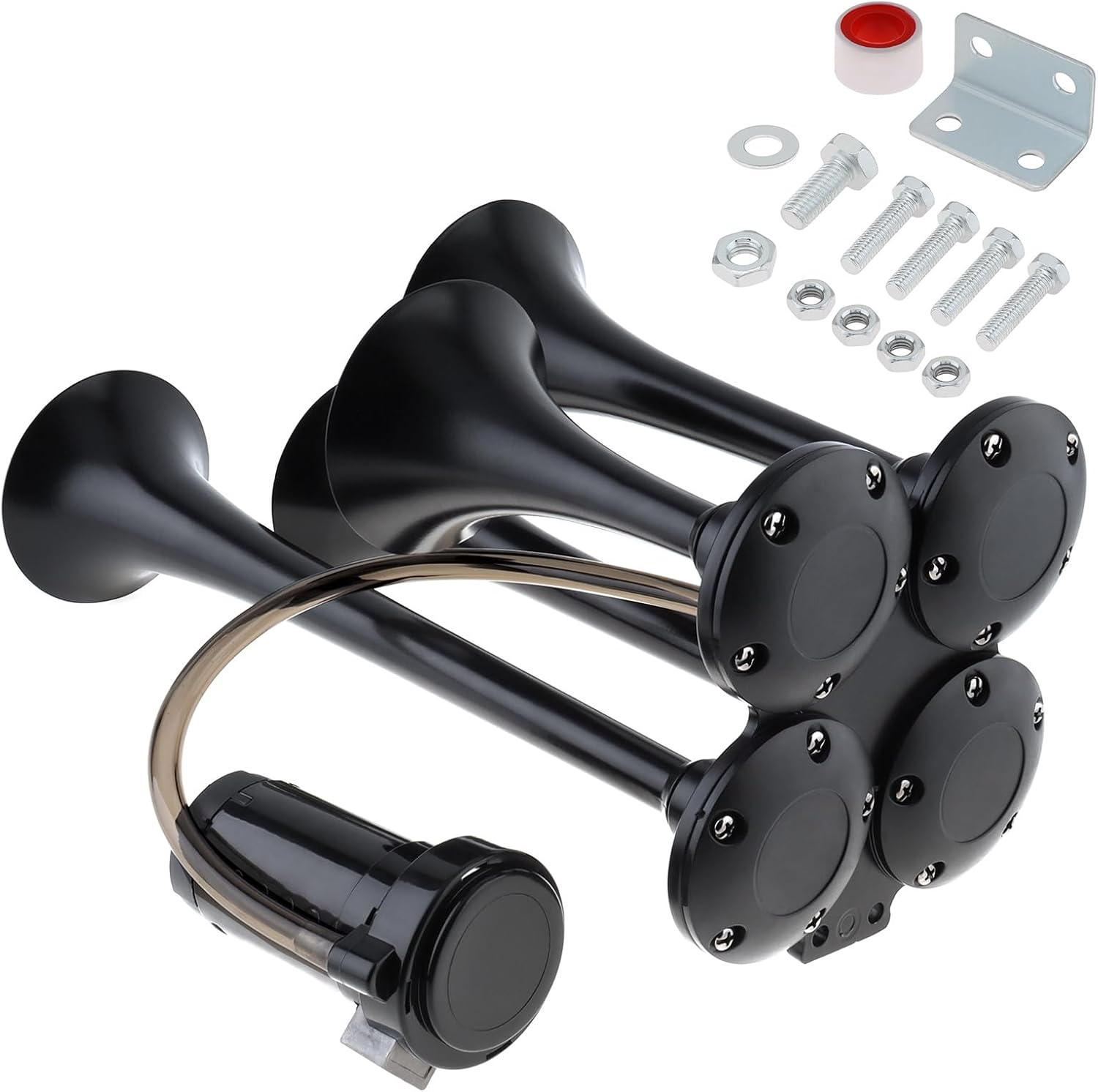 Train Horns Kit, 4 Trumpet Air Horn Kit, 12V 185Db Super Loud Train Horns for Pickup Trucks, Four Trumpet Air Horn with Compressor for Vehicle Cars Trucks Pickup Trains Lorrys Boats image number 4