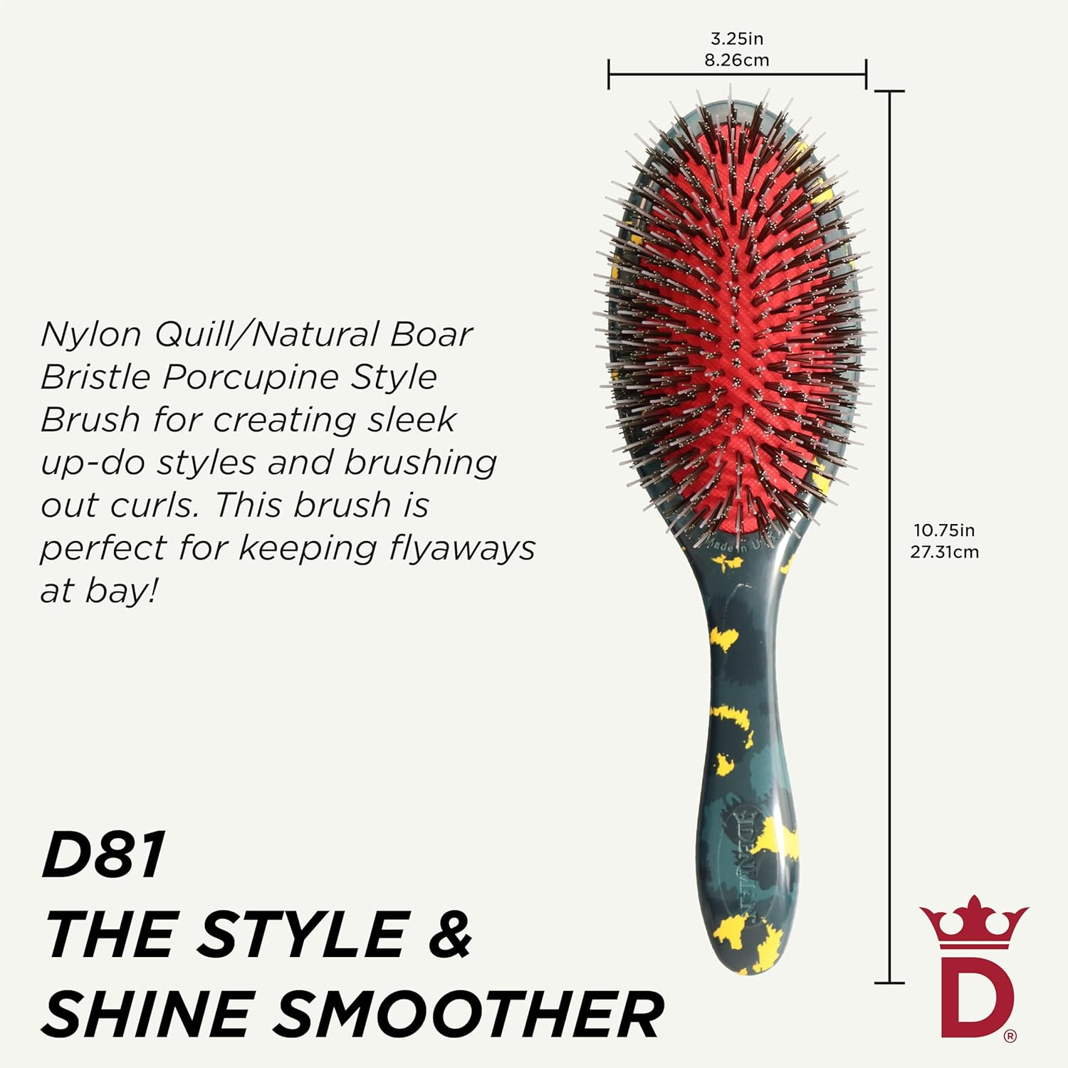 Denman Style & Shine Smoother Hairbrush (Medium) with Soft Nylon Quill Boar Bristles - for Smoothing, Detangling, Straightening &ndash; (Wildcat) D81M image number 1