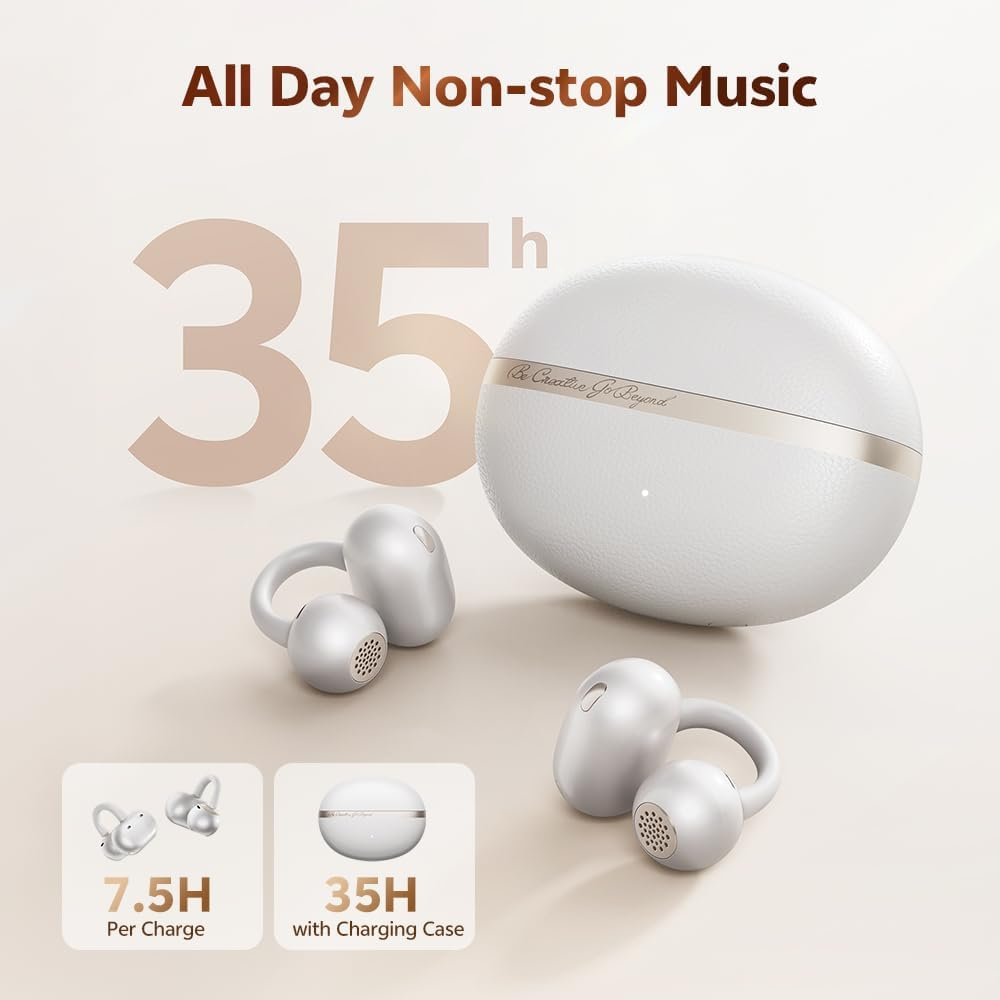 QCY Crossky C50 Clip on Earbuds Open Ear Wireless Bluetooth 6.0 Headphones with 4 Mic, 35H Playtime Ear Cuff Earbuds Comfortable for Running/Fintness, IPX5 Waterproof, Ultra Lightweight - White image number 6