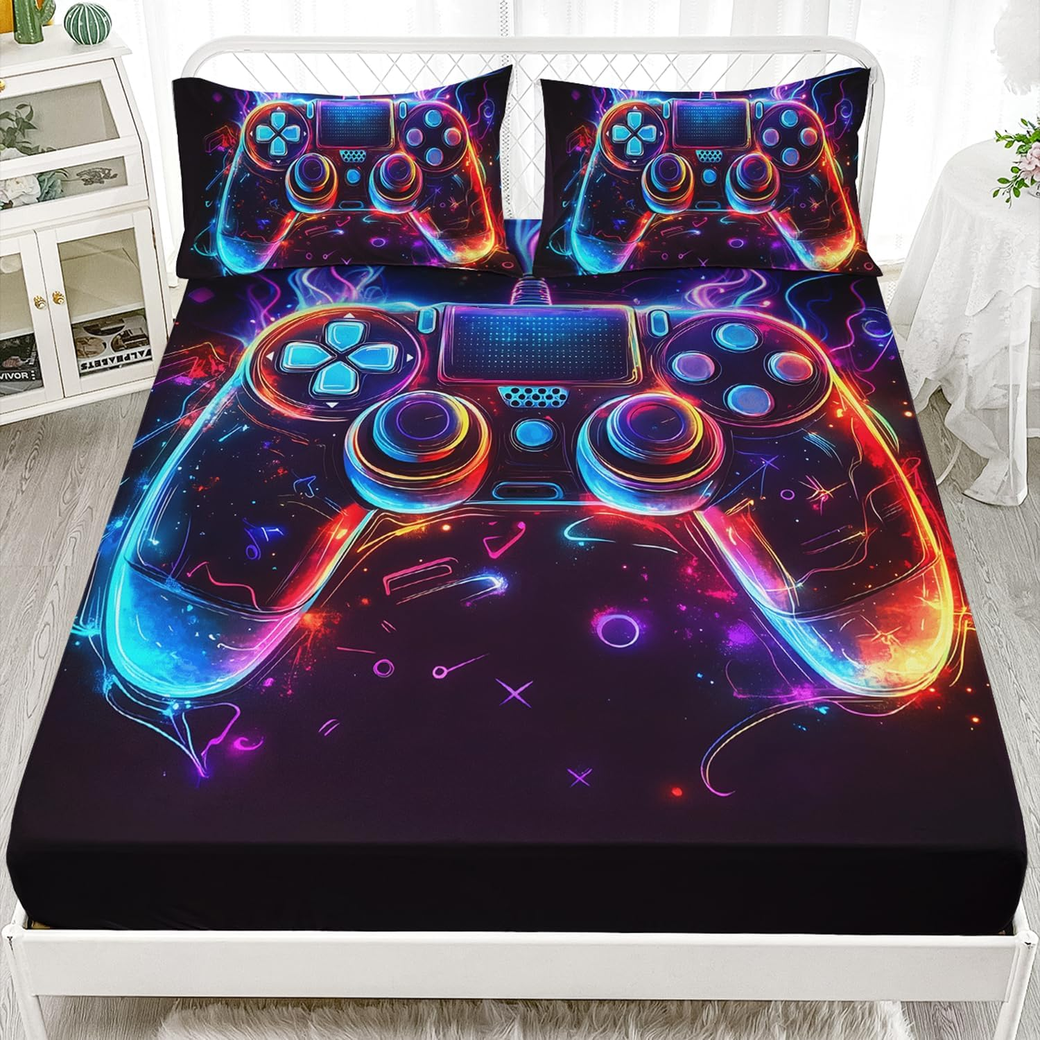 AILONEN Boys Gamer Fitted Sheet Set Queen,Colorful Video Game Controller Printed Bedding for Gaming Lovers,3D Game Console Black Fitted Sheet + 2 Pillowcases,3Pcs image number 3