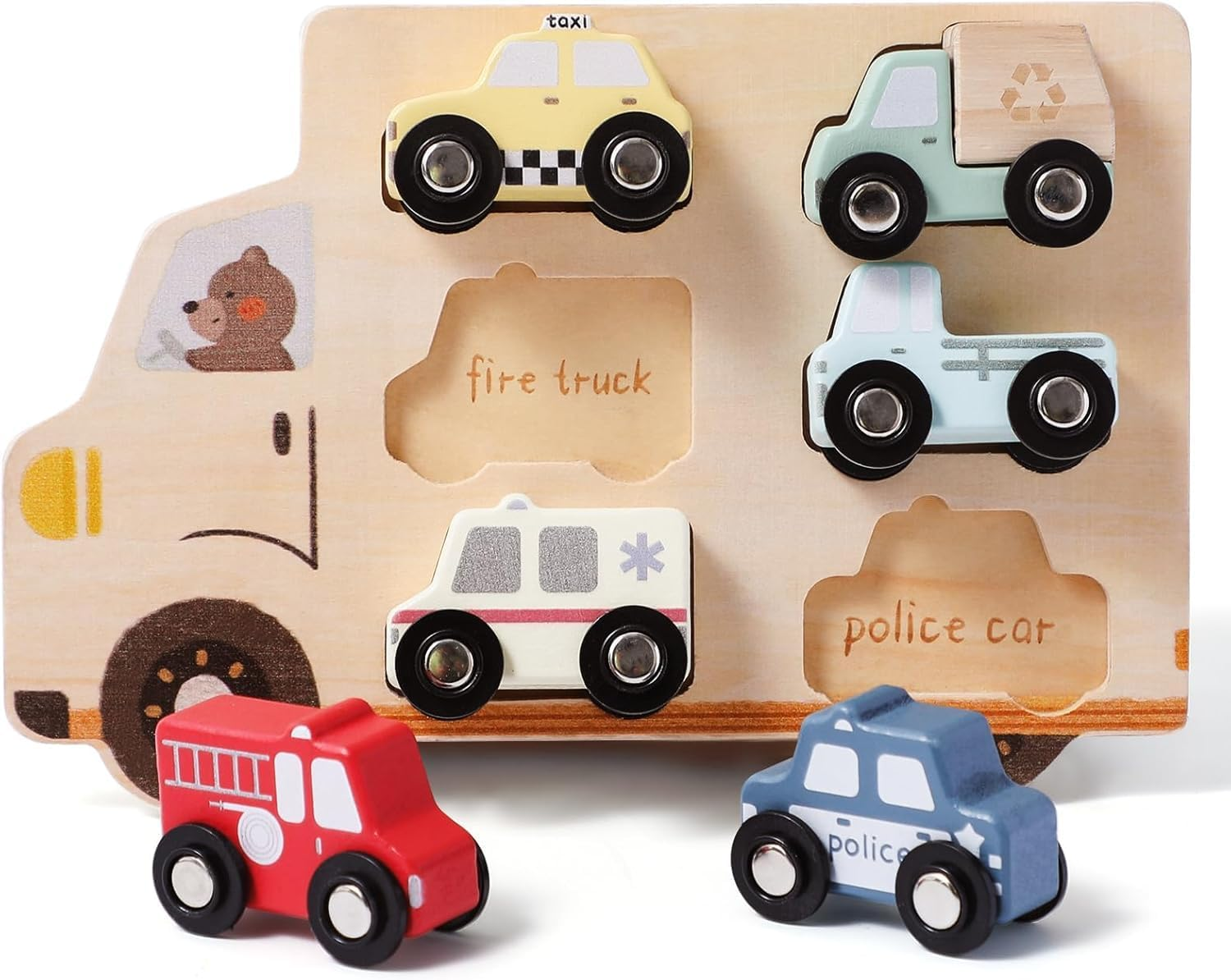 Wooden Cars Vehicle Set for Toddlers 1-3 Wooden City Cars and Trucks Toys for Boys Girls&rsquo; Educational Play image number 1