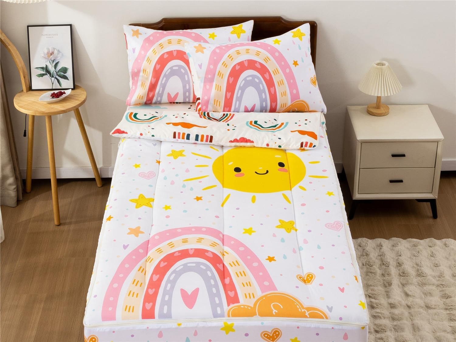 NTBED Rainbow Sun Printed Zipper Bedding Sets Twin for Kids Girls Lightweight Microfiber Comforter Set with Fitted Sheet Pillow Covers,White image number 2