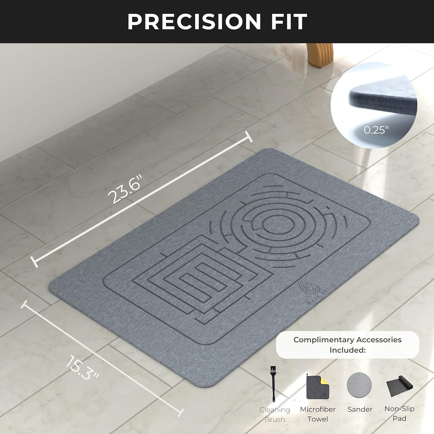 MAZE OASIS Stone Bath Mat Set (2 Pack) [Bath & Kitchen System] &ndash; Diatomaceous Earth Bathroom Mat & Stone Drying Mat for Kitchen Counter &ndash; Non Slip, Engraved Airflow &ndash; Serenity Ash image number 4