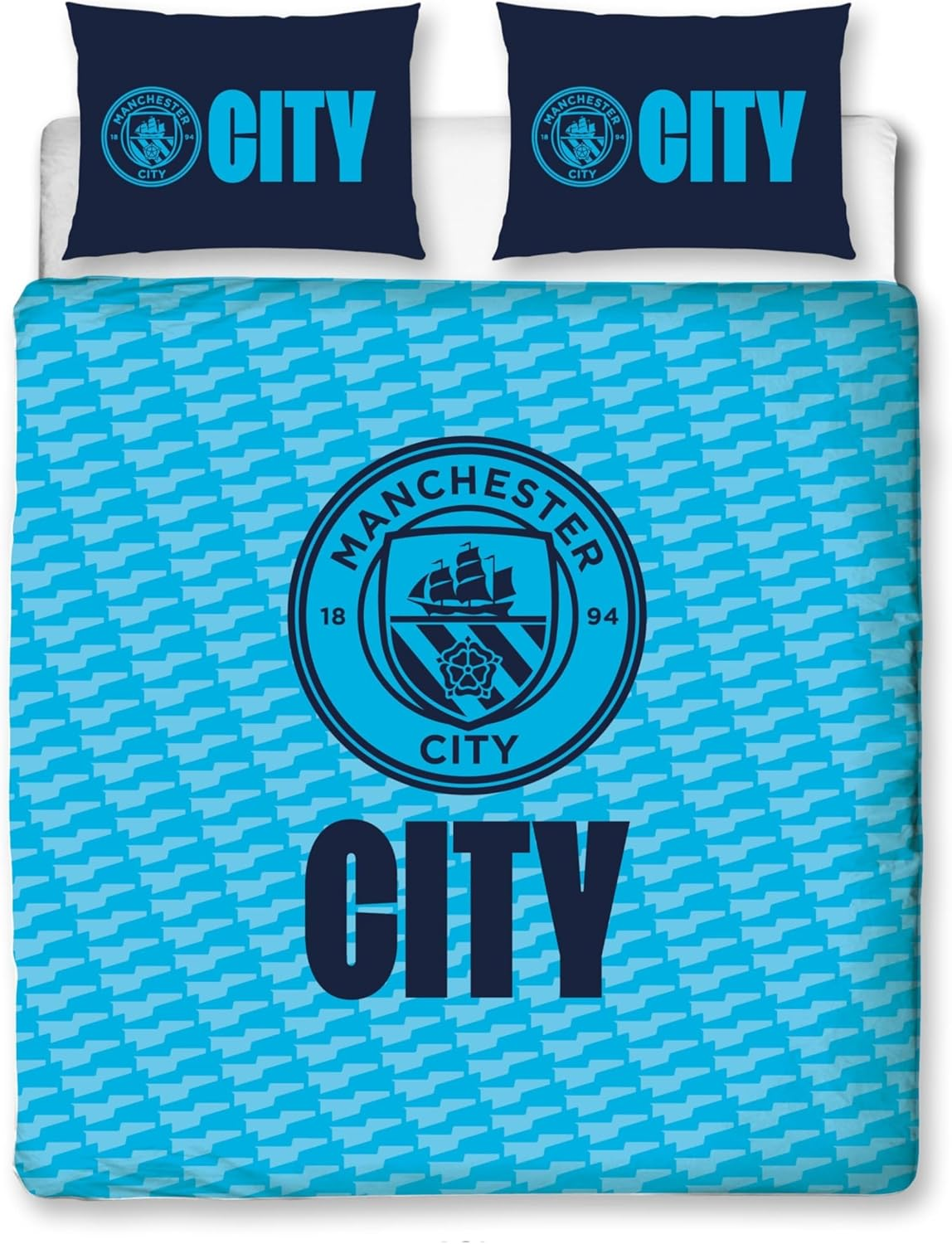 Manchester City FC Character World Official Double Duvet Cover Set, Crestcol Design | Blue Reversible 2 Sided Football Bedding Cover Official Merchandise Including Matching Pillow Cases