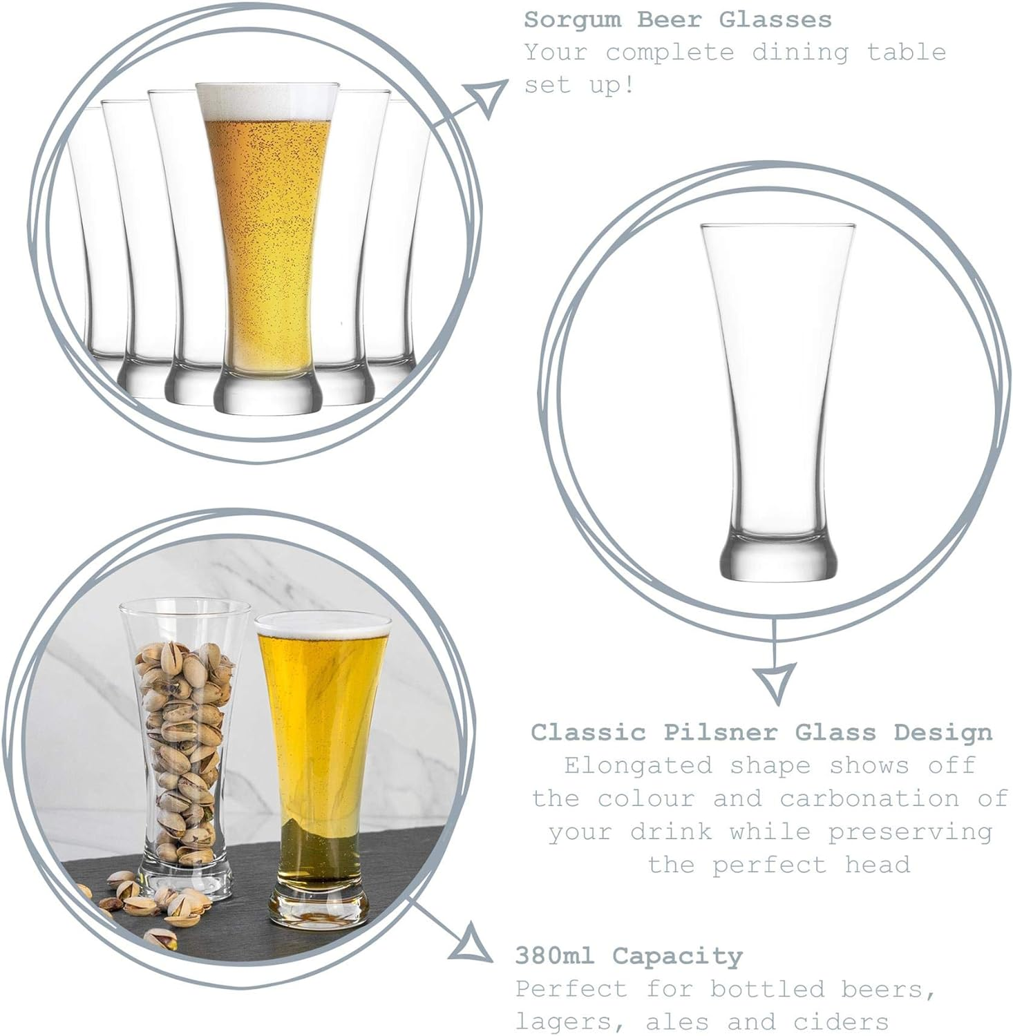 LAV Sorgun Beer Glasses Set of 6-380Ml Classic Pilsner Pint Glasses for Lager, Ale & Cider - Crystal Clear Durable Pub Glassware - Dishwasher Safe image number 4