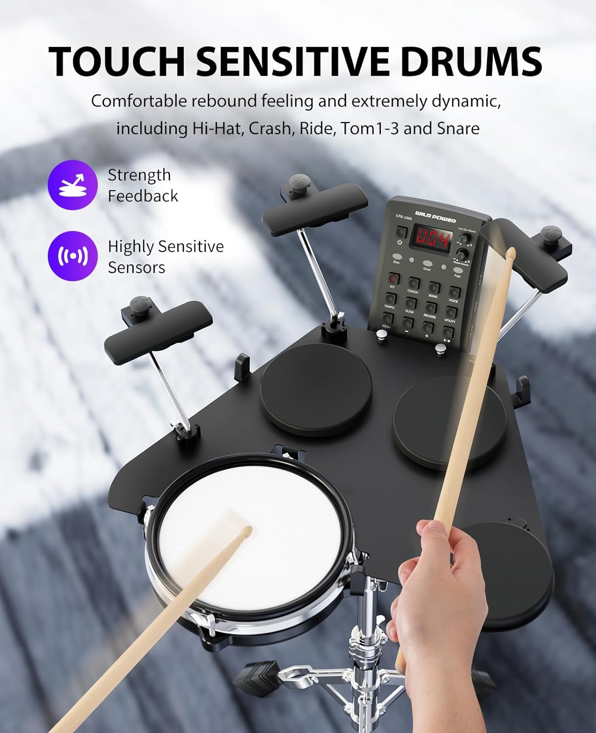 Electronic Drum Set, Portable Electric Drum Set for Beginner with Snare Quiet Mesh Drum Pads, 220 Sounds, 2 Switch Pedal, Tabletop Kids Drum Kit with Sticks, Travel Bag image number 6