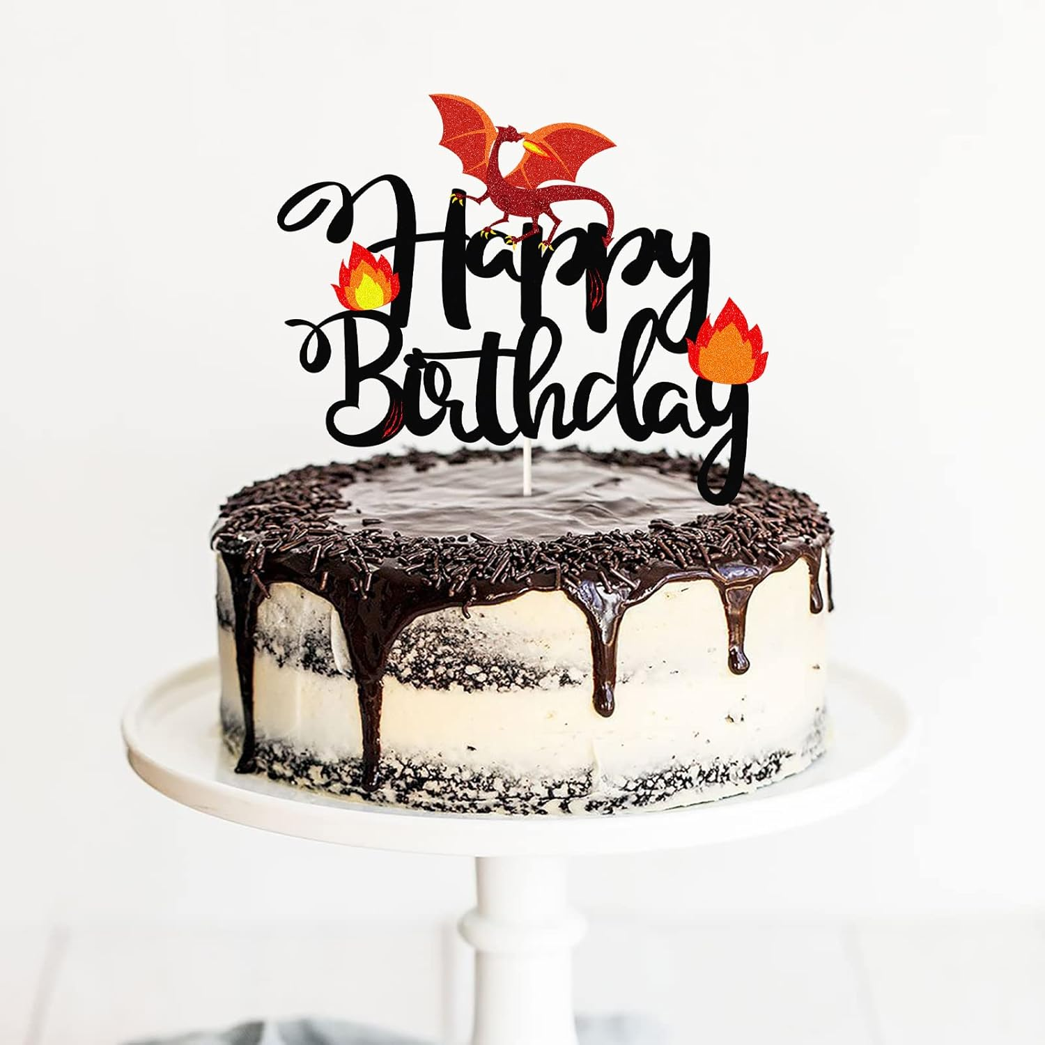 Black Glitter Dragon Happy Birthday Cake Topper,Dragon Knight Theme Birthday Party Cake Decor for Kids Boy or Girl,Happy Birthday Party Decorations Supplies image number 1