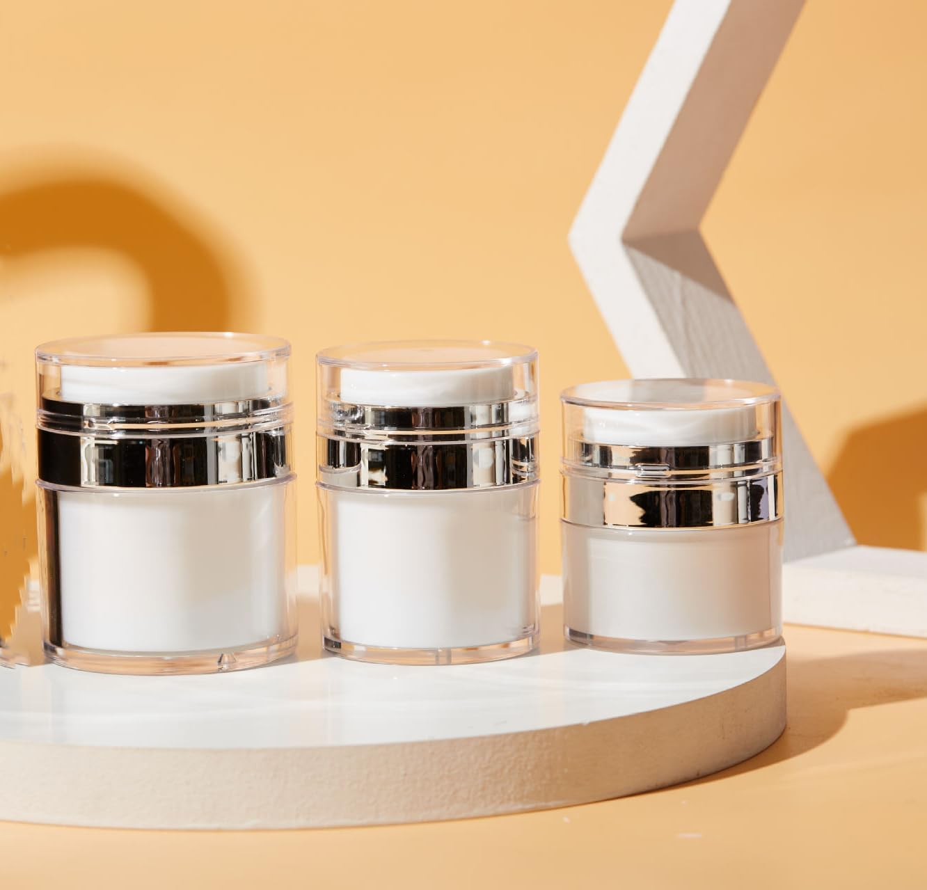 Heatunk 3PCS Airless Pump Bottle Set - Refillable Cream Jars with Leak-Proof Vacuum Technology - Portable Travel Cosmetic Moisturizer Containers with Cream Scoop - 15ML, 30ML, 50ML Sizes image number 1