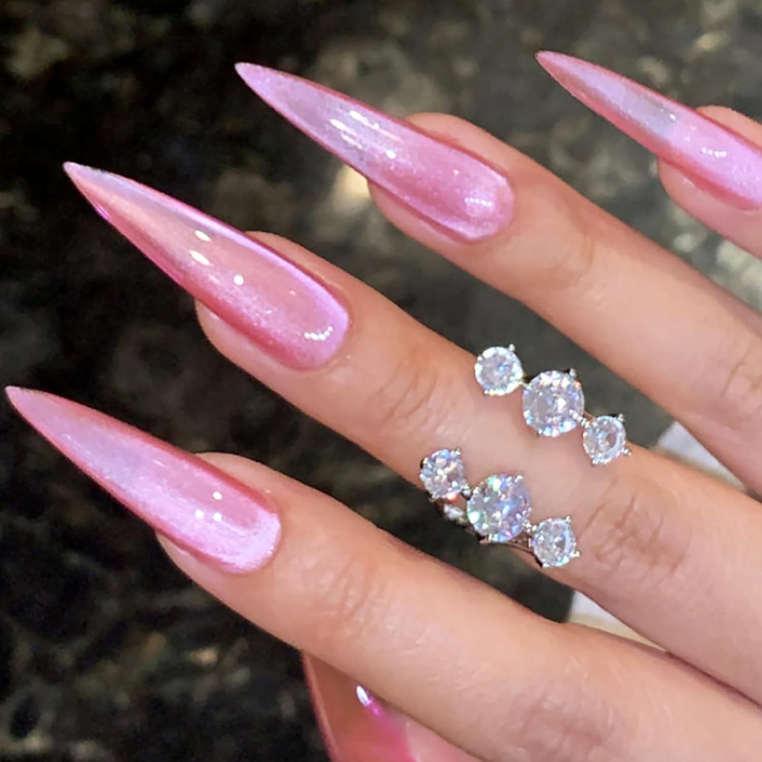 Pink Ombre Cat Eye Press on Nails | Long Stiletto Fake Nails Tips | 24Pcs Glossy Full Cover Nails Press Ons, Reusable Stick on Nails for Women Daily Nail Art image number 2