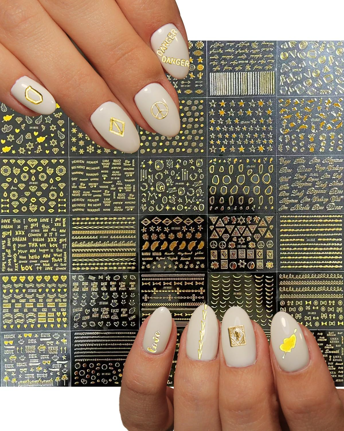 60 Sheets Gold Silver Nail Art Stickers, Star Moon Nail Decals Decor 3D Self Adhesive Geometric Stripe Wave Heart Stamp English Letter Nail Art Design Accessories for Women Girls