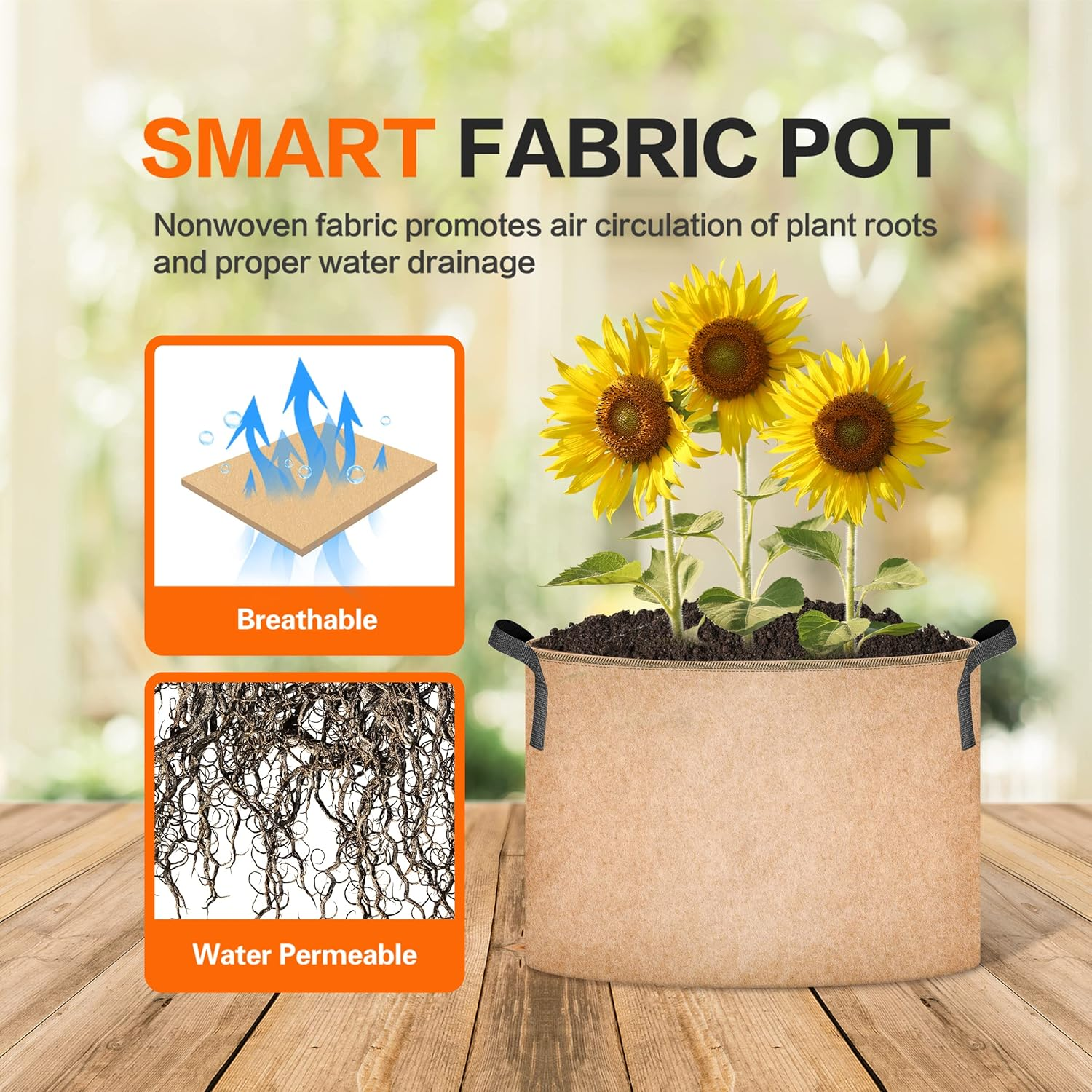 Ipower Plant Grow Bag 15 Gallon 6-Pack Heavy Duty Fabric Pots, 300G Thick Nonwoven Fabric Containers Aeration with Nylon Handles, for Planting Vegetables, Fruits, Flowers, Tan 2022 Version image number 4