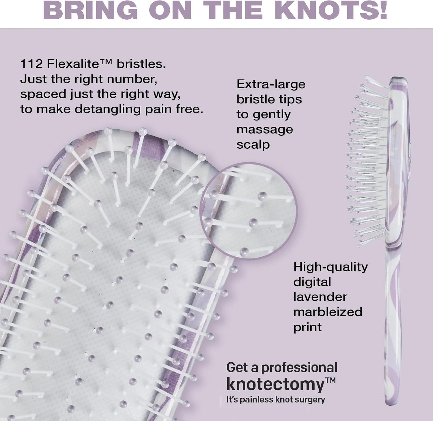 Conair the Knot Dr. for Mini Hair Brush, Wet and Dry Detangler with Clear Storage Case, Removes Knots and Tangles, for All Hair Types, Marblized Lavender Print
