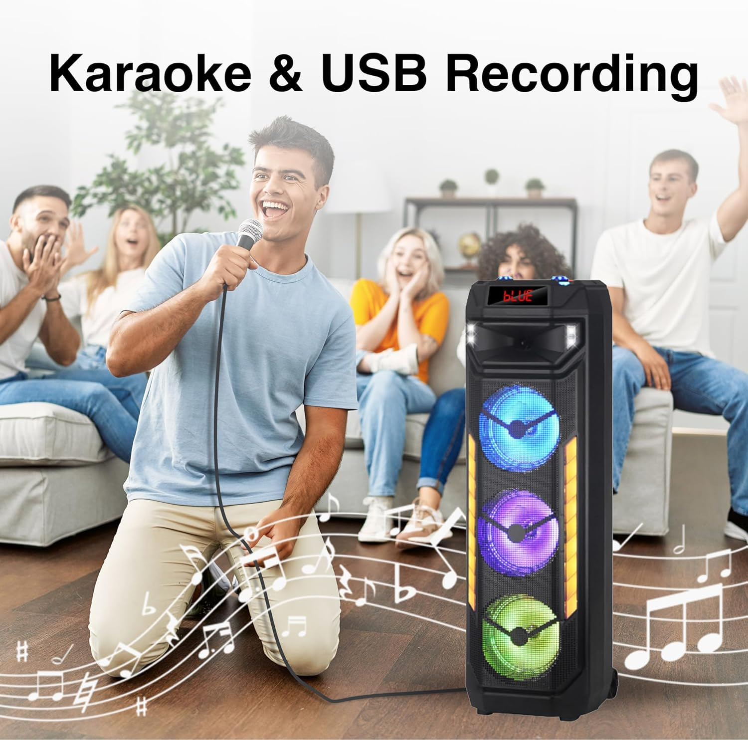 Laser 40W RGB Tower Party Speaker | Bluetooth 5.3 LED Light Show with Mic Input, USB & Microsd Playback, TWS Pairing, AUX, Recording & Remote Control image number 4