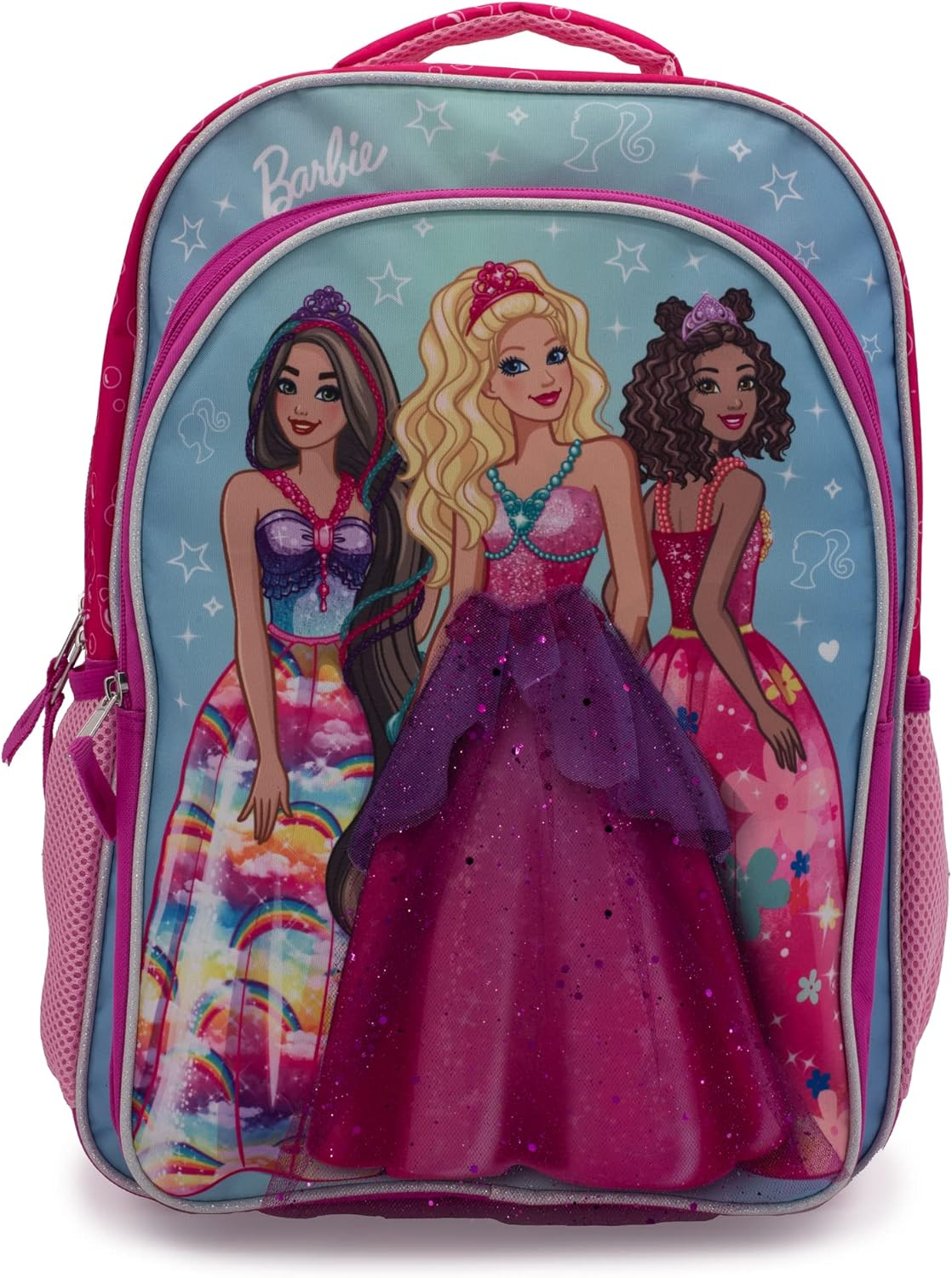 Barbie & Friends Cosplay Backpack, Girls Bookbag with Adjustable Shoulder Straps & Padded Back, 16 School Bag W/3D Skirt and Metallic Fabric Tiara., Pink, Large, Barbie 16" Backpack image number 5