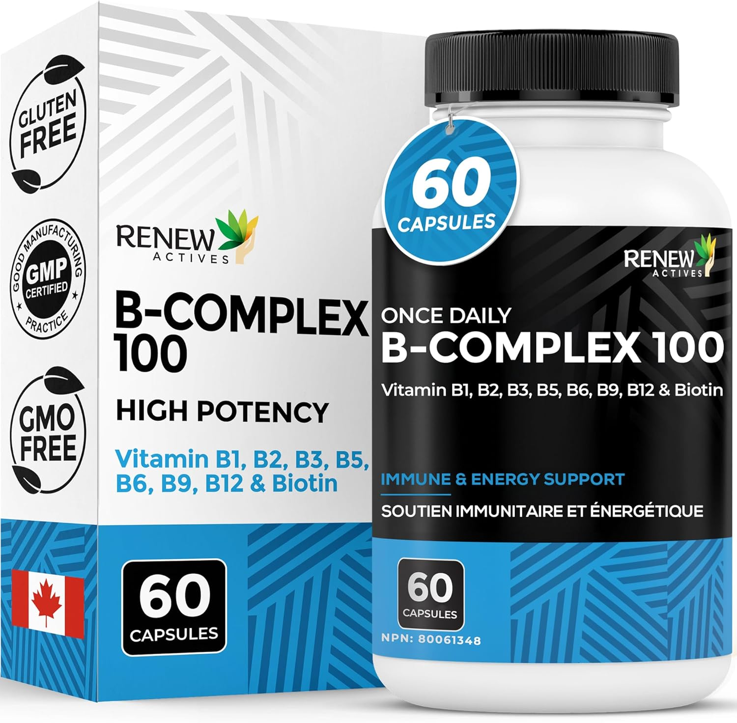 Renew Actives Vitamin B Complex 100 &ndash; 60-Capsule Advanced B Complex Dietary Supplement for Men and Women &ndash; 100% of B1, B2, B3, B5, B-6, B-12! &ndash; Vegan-Friendly Capsules image number 3