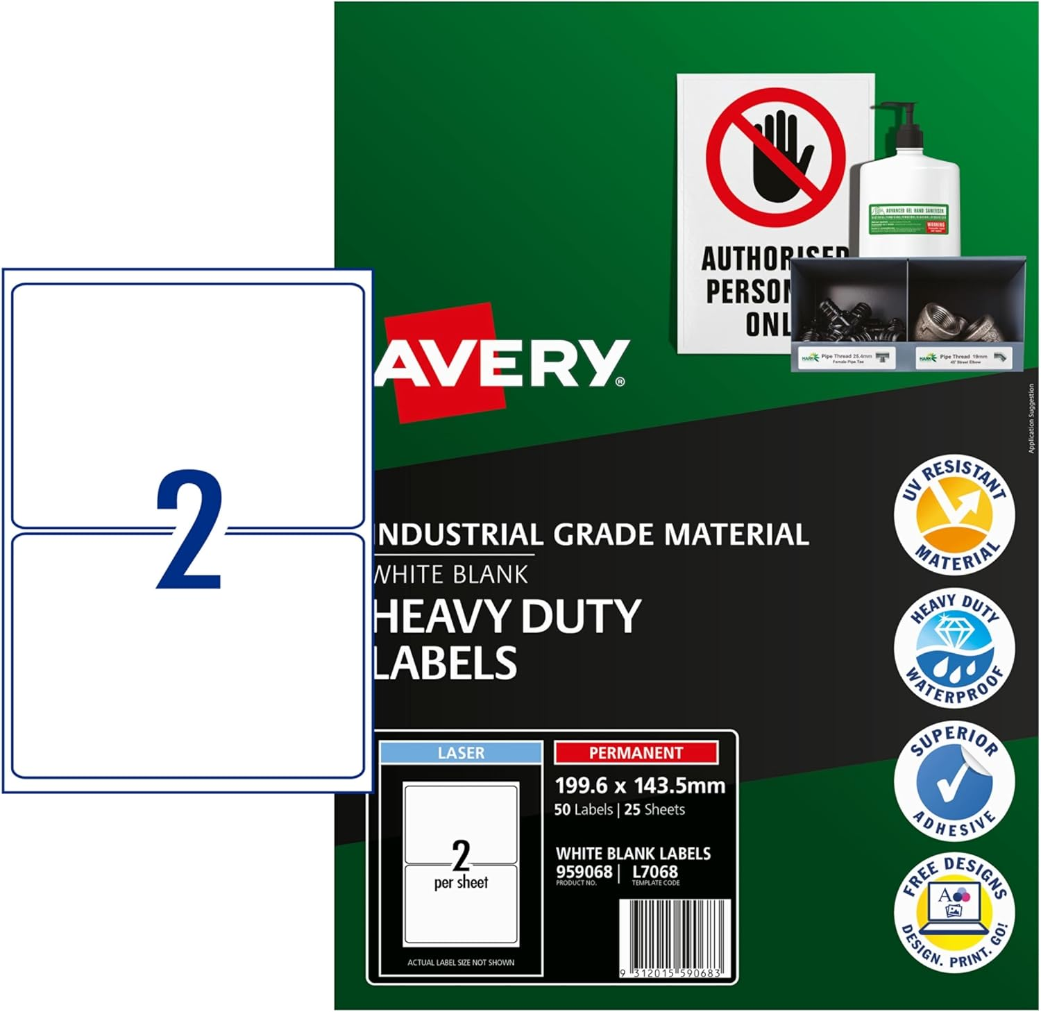 Avery Australia Heavy Duty Waterproof Labels &ndash; Fridge, Freezer & School Safe Stickers - 50 Self-Adhesive Stickers for Laser Printers, White, 199.6 X 143.5 Mm, 25 Sheets &ndash; 959068/ L7068 image number 3