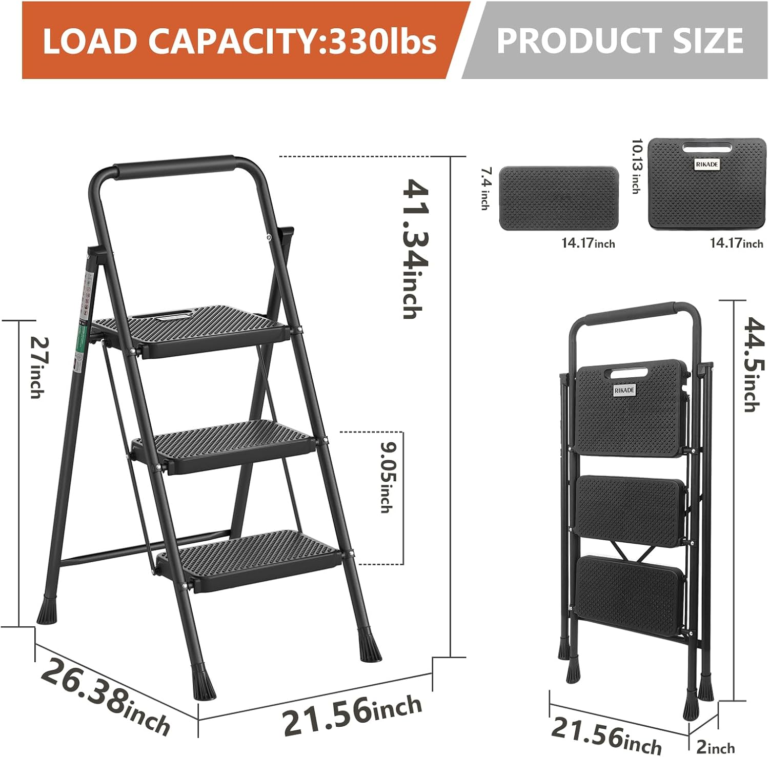 3 Step Ladder, RIKADE Folding Step Stool, Step Stool with Wide Anti-Slip Pedal, Lightweight, Portable Folding Step Ladder with Handgrip, Multi-Use Steel Ladder for Household and Office image number 3