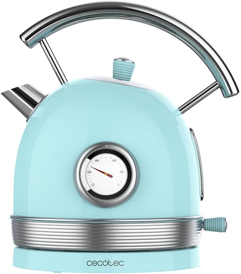 Cecotec Thermosense 420 Electric Kettle, Light Blue, 1.8 L Capacity, 2200 W, Temperature Display, 360&deg; Base, Stainless Steel, Vintage Style, Blue, Automatic Shut-Off, Bpa-Free