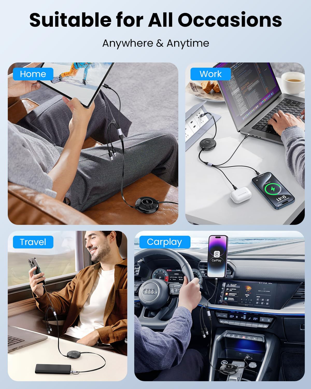 100W 5-In-1 Retractable Charging Cable, USB C/Light-Ning/Micro USB Multi Charger Cords for Iphones, Ipads, Macbook, Tablets, Galaxy, Note & More - 4Ft/1.2M 5A Fast Charging, Durable & Portable, Black - Black image number 2