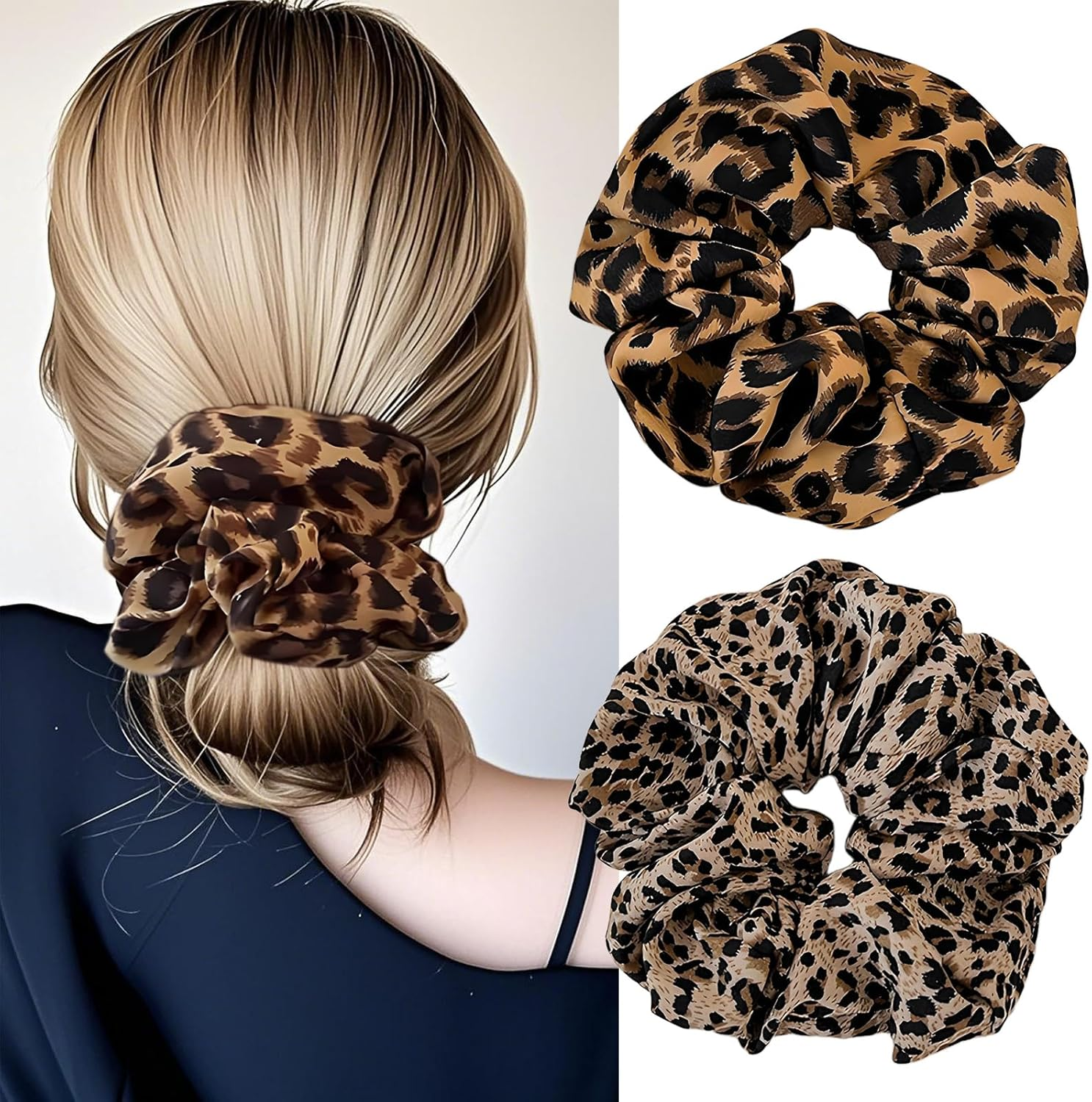PUSCOBSY 2 X Hair Bands for Women, Leopard Print Scrunchies, Strong Hold Hair Bobbles, Extra Large Scrunchie for Thick Hair, Dark & Light Leopard Print image number 5