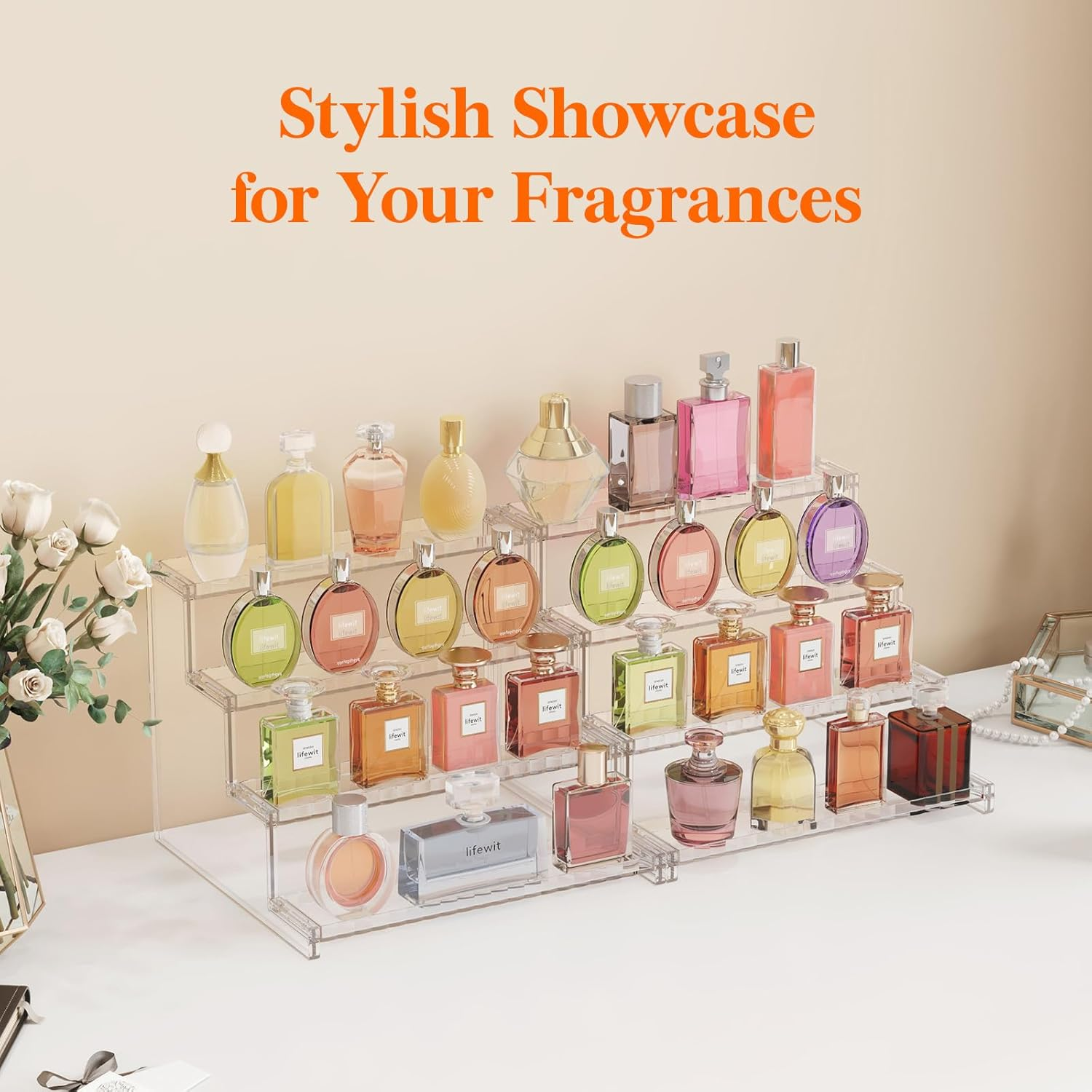 Lifewit 4 Tier Clear Display Risers Stand with Decorative Fences, Plastic 12 Inch Perfume Organizer, Display for Figures, Cupcake, Dessert, Desktop Stand for Organization and Decor, 1 Pack image number 4