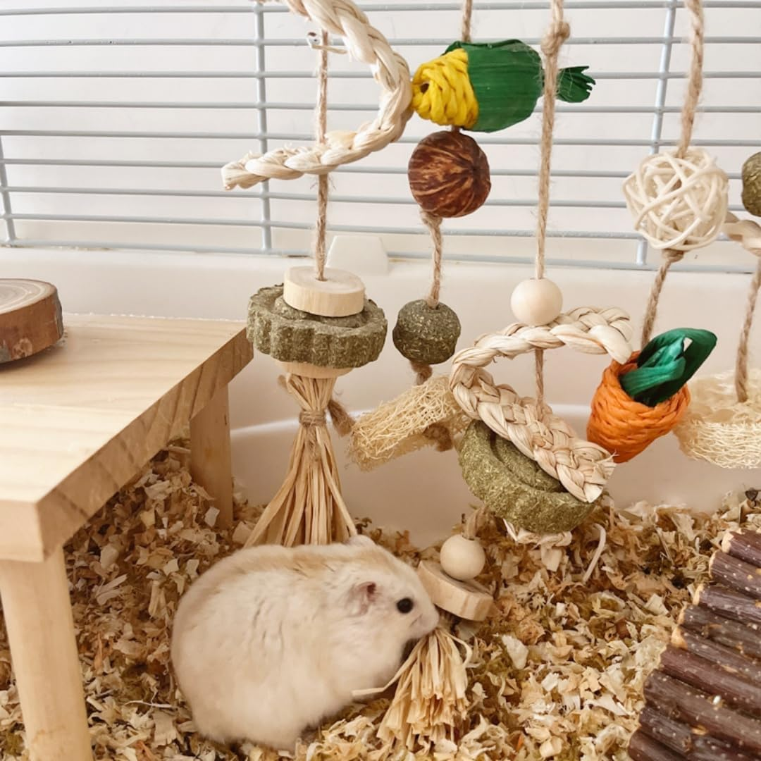 Bunny Chew Toy, Natural Applewood Bunny Boredom Breaker Treats Rattan Ring Chew Toys, Cage Hanging Toys with Snacks Grass Ball Carrot for Rabbits, Hamsters, Guinea Pig ﻿ image number 4