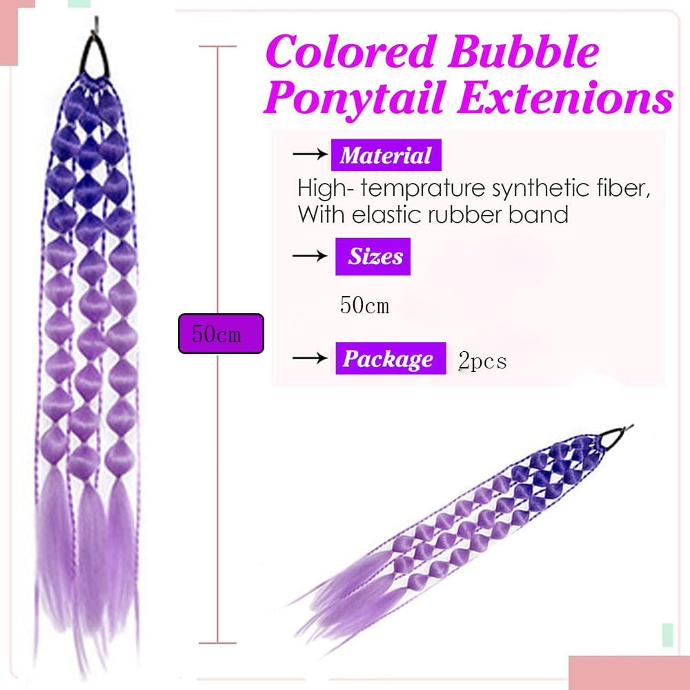 2 Pack Colorful Synthetic Hair Extensions for Women,50Cm Long Pre Looped Bubble Braiding Hair,Soft and Tangle Free Fiber, Purple,Blue, Pink Gradient Clip in Braids,Party Cosplay Accessories image number 2