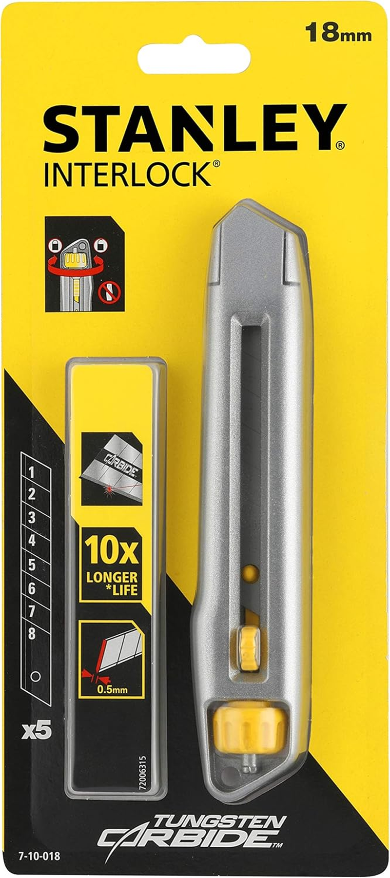 Stanley 7-10-018 Snap off Knife "Interlock" with 5 Carbide Blades, Black/Yellow image number 5