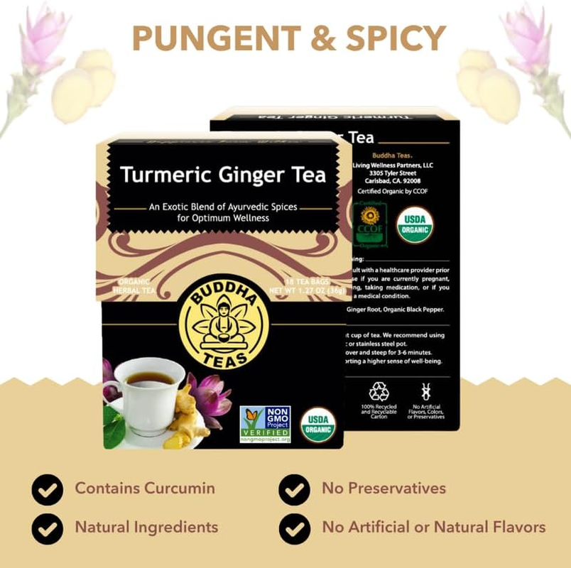 Buddha Teas Organic Turmeric Ginger Herbal Tea 18 Teabags