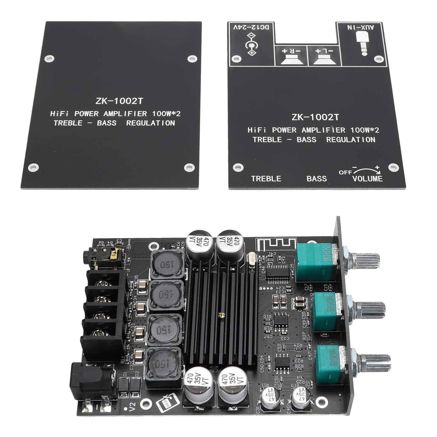ZK-1002T Bluetooth Amplifier Board, 100W+100W 2.0 Channel Stereo Amp Board, BT and AUX Inputs, 12-24V, with Treble and Bass Control image number 4