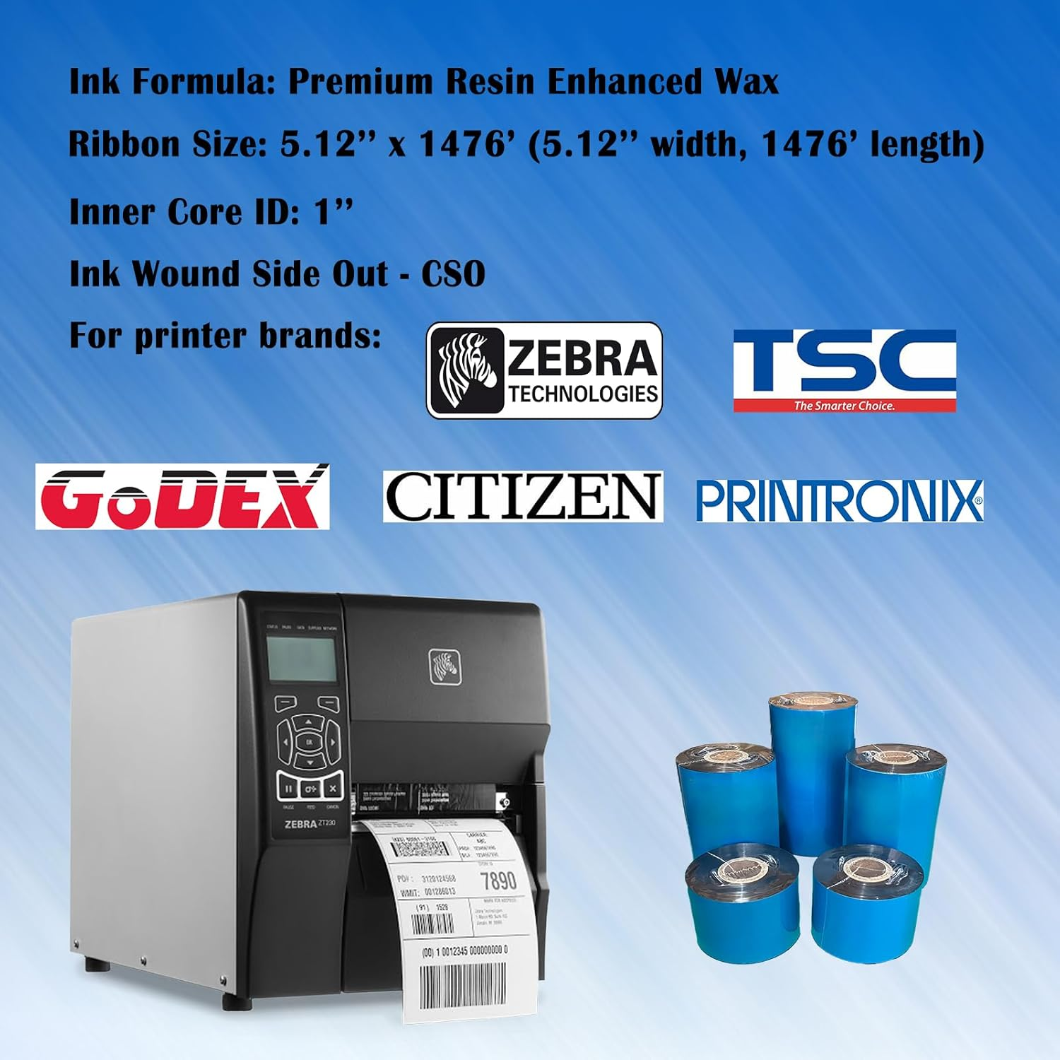 6 Rolls 5.12'' X 1476' Premium Resin Enhanced Wax Ribbon, 130Mm X 450M Black Thermal Transfer Ribbon, Barcode Thermal Label Printer Ribbon, Cso-Ink Outside, 1'' Core for Zebra, TSC, Godex, Citizen image number 6