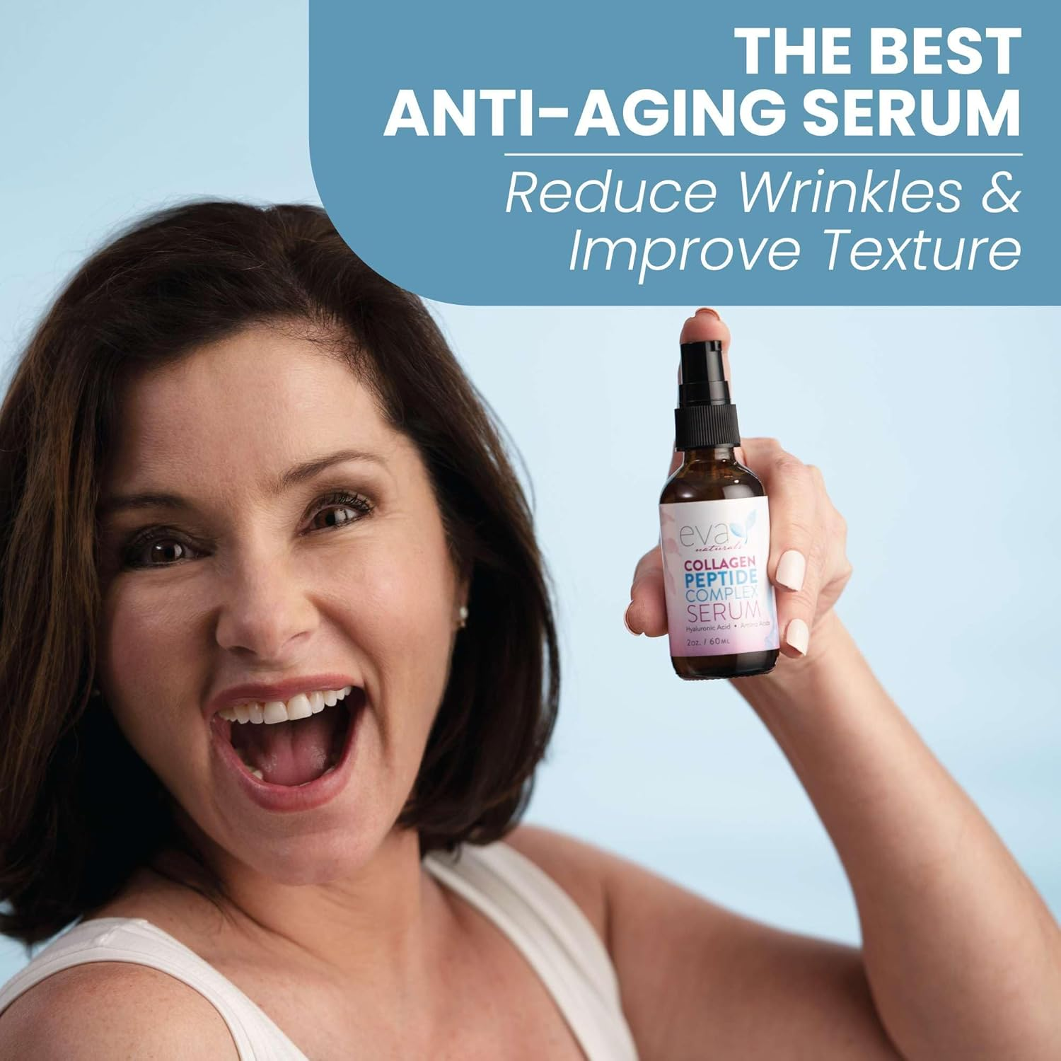 Peptide Complex Serum by Eva Naturals (2 Oz) - Best Anti-Aging Face Serum Reduces Wrinkles and Boosts Collagen - Heals and Repairs Skin While Improving Tone and Texture - Hyaluronic Acid & Vitamin E image number 2