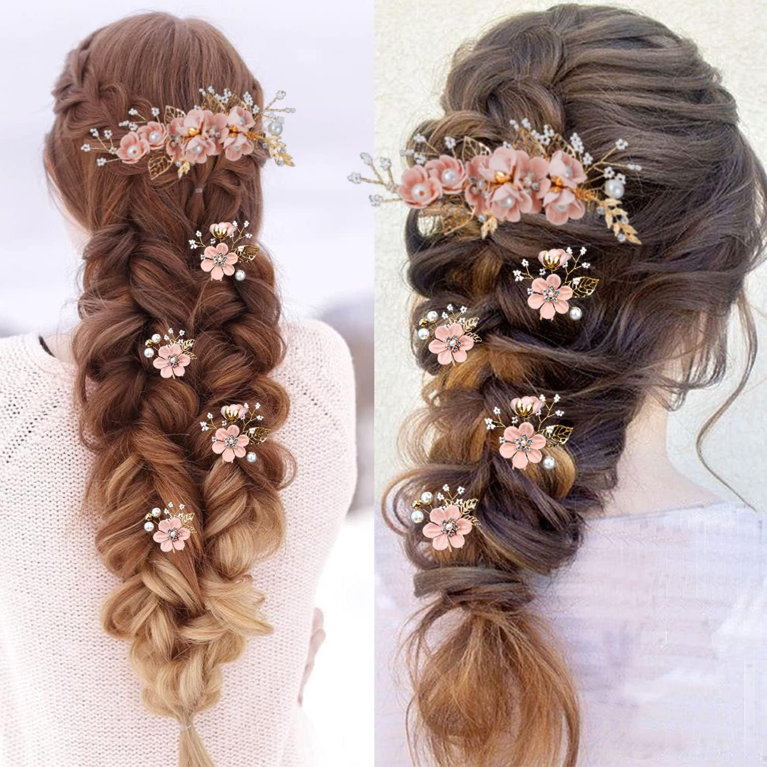 Floral Hair Accessories for Wedding, 5PCS Gold-Toned Crystal Pearl Hair Comb Slides Bridal Hair Pins with 3 Shapes SZTTY image number 2