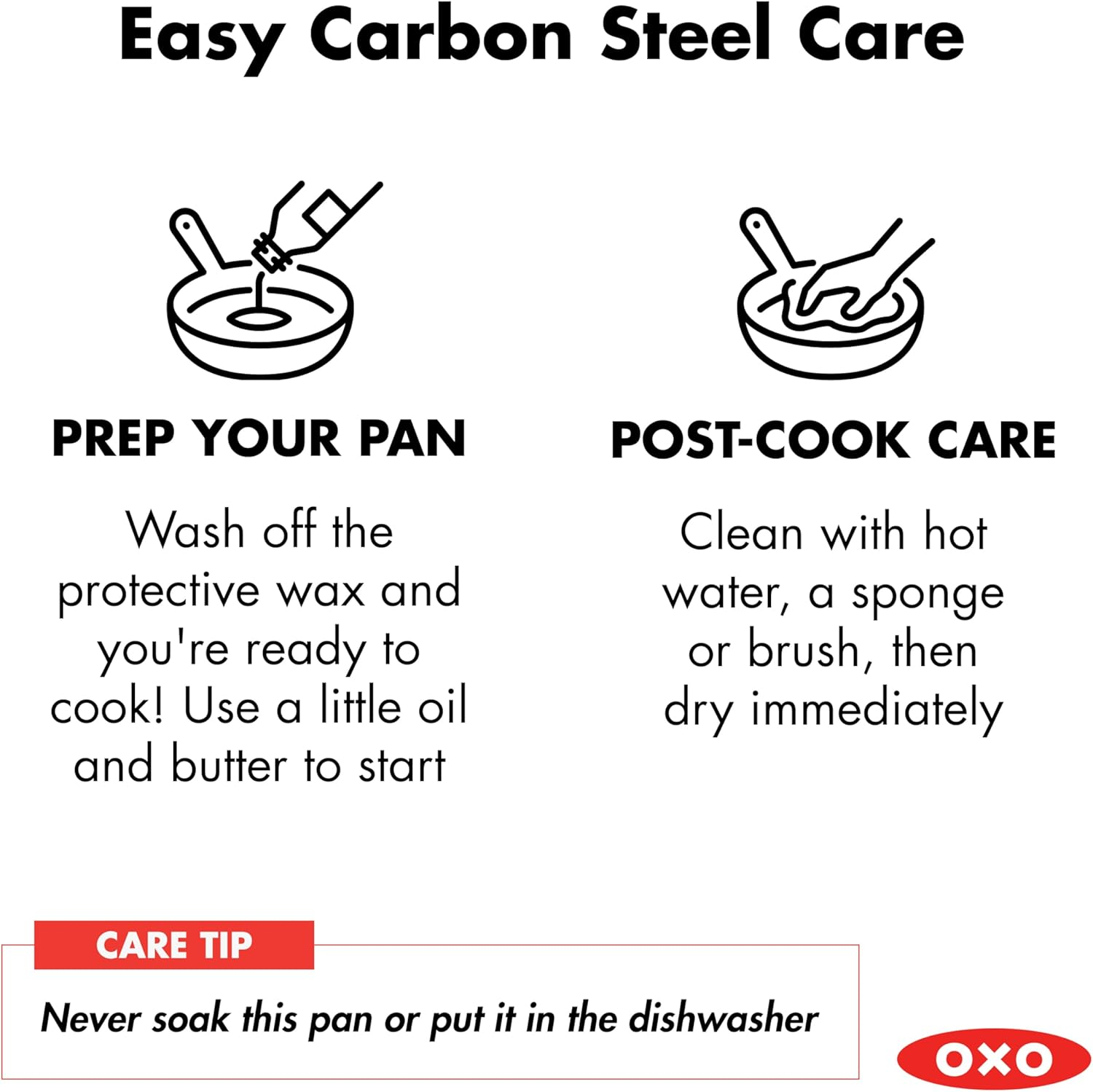 OXO Obsidian Pre-Seasoned Carbon Steel, 12" Frying Pan Skillet with Removable Silicone Handle Holder, Induction, Oven Safe, Black image number 1