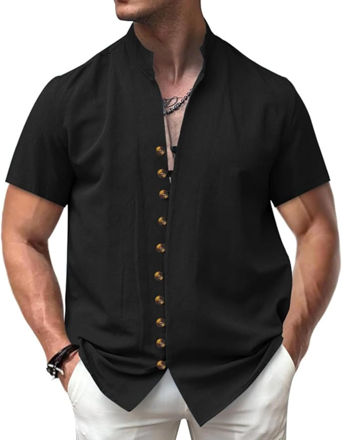 Men'S Button down Hawaiian Linen Shirt Mandarin Collar Short Sleeve Solid Shirt Beach Vacation Summer Casual Tshirts