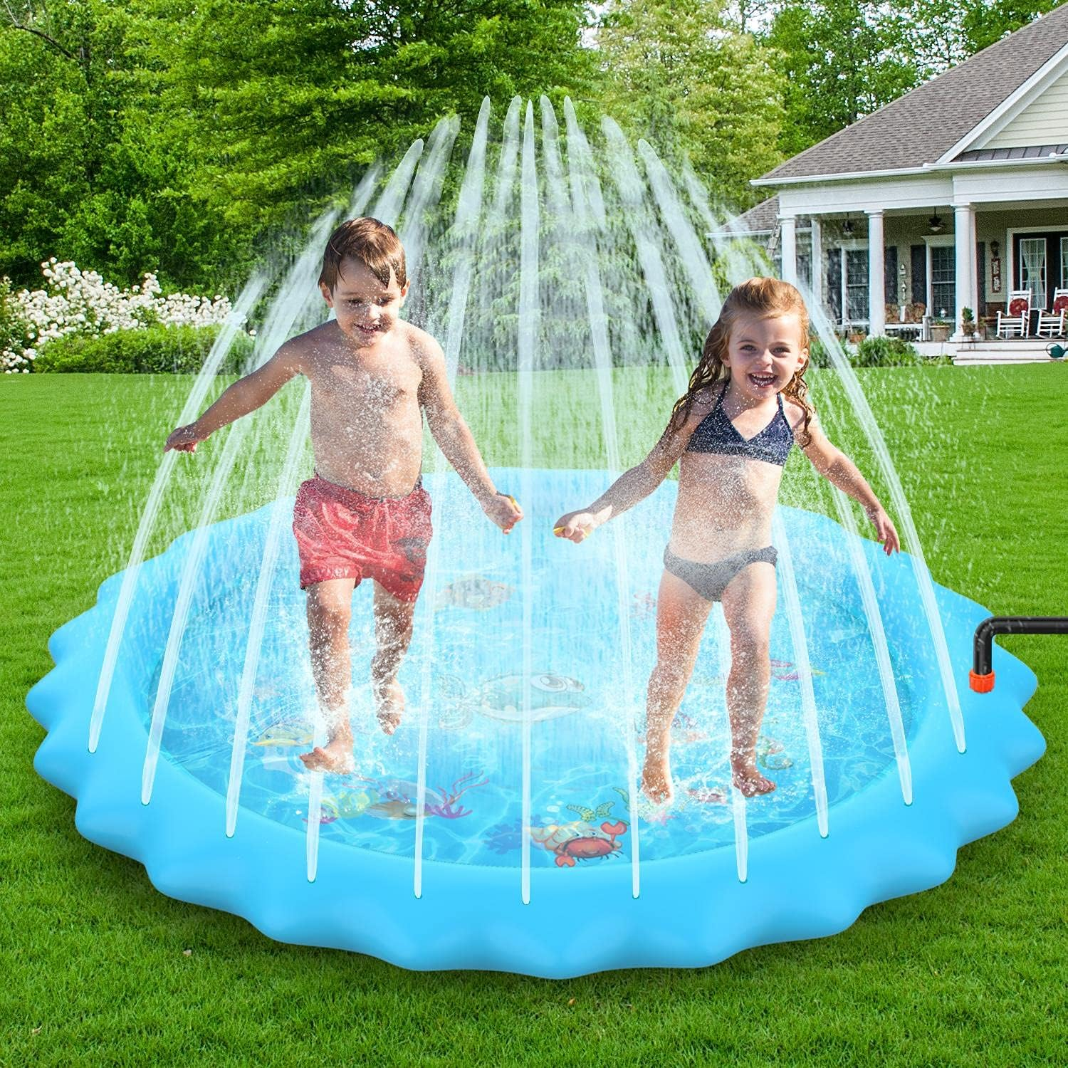 SOKA Large round Sprinkle and Splash Water Play Mat Sprinkle Splash Pad Summer Spray Inflatable Water Toy for Kids and Outdoor Garden Family Activities - Blue image number 2