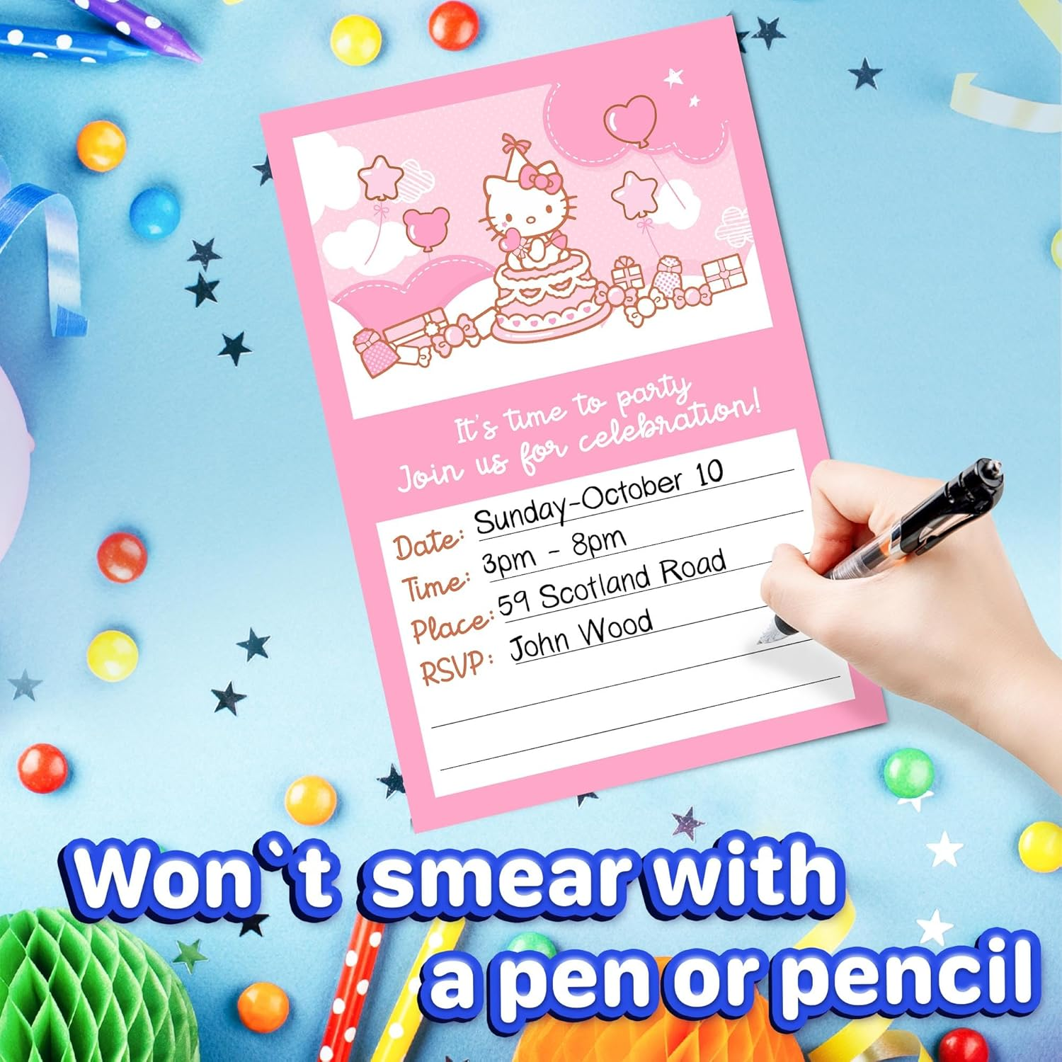 Set of 20 Hello Kitty -Themed Happy Birthday Invitation Cards & Envelopes - Lightweight (240G), Postcard Style Invites for the Perfect Party Pack image number 4