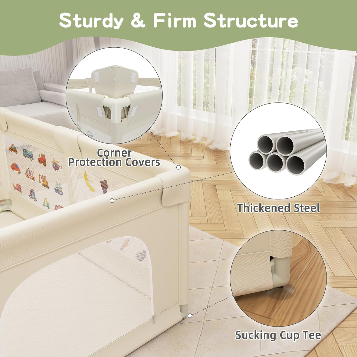 Baby Playpen 200 X 160 Cm, Extra-Large Non-Slip Playpens with Patterns, 50 Ocean Balls, 6 Pull Rings, Balls Storage Basket, Durable Zippered Door, Storage Bag for Outdoor Use (Beige) - Beige With Pattern image number 3