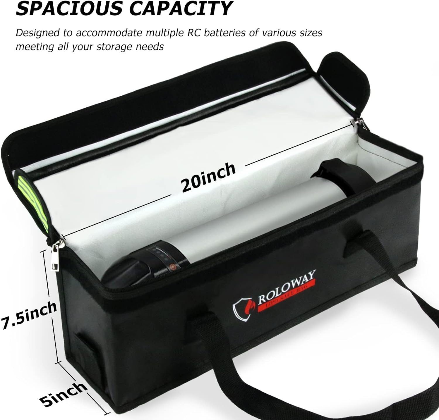 ROLOWAY Lipo Battery Bag Fireproof Bag (20 X 5 X 7.5 Inch), Large Lipo Bag Fireproof Ebike Battery Bag, Lipo Safe Bag with Comfortable Handle, Reflective Strip, Lipo Charging Bag image number 5