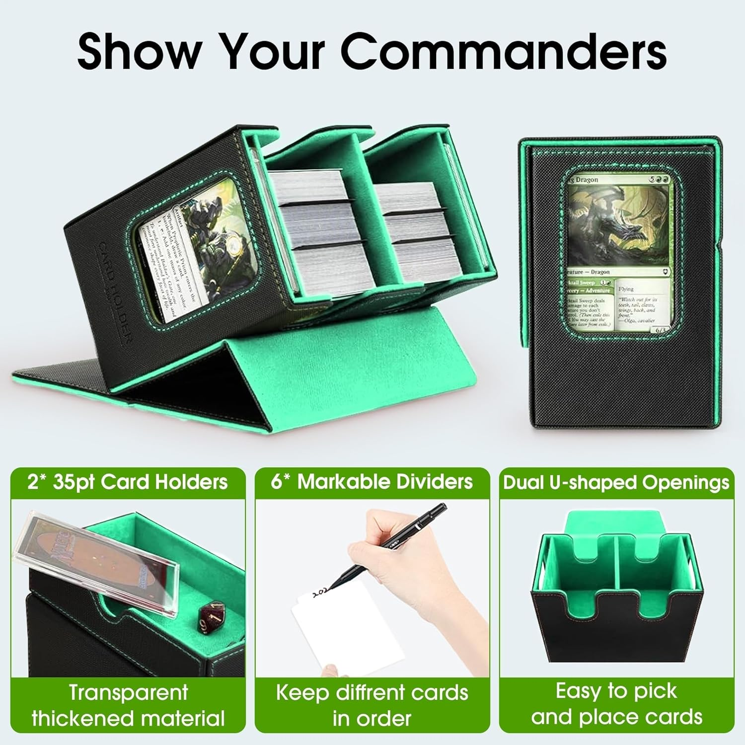 MTG Deck Box for Commander Handle Design, Trading Card Storage Box Organizer Holds 236+ Double-Sleeved Cards, Magnet Case with Dice Tray, 2 Card Holders, 4 Card Dividers for TCG (Green)