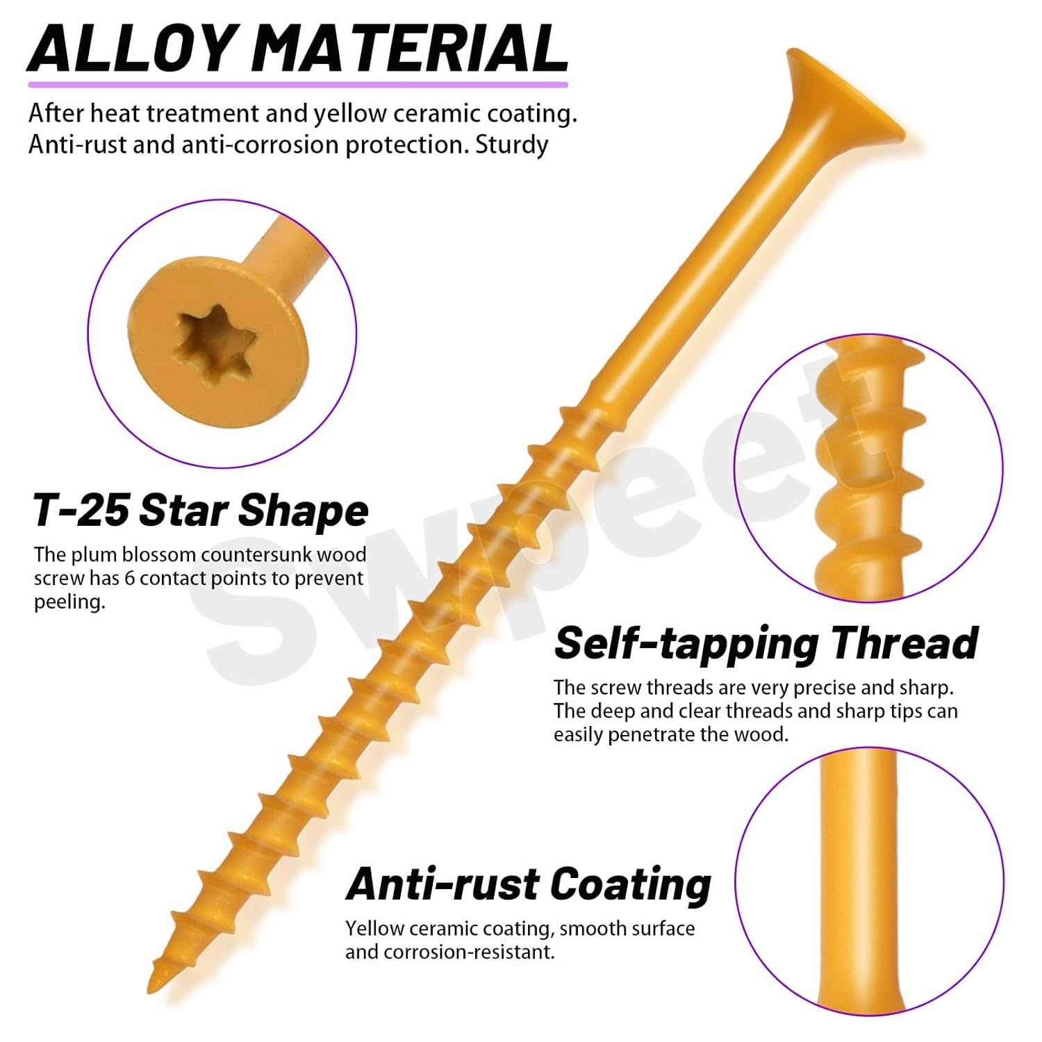 Swpeet 61Pcs 5 Sizes Khaki Deck Screws with T25 Star Bit Assortment Kit, T25 Star Torx Drive Flat Head Screws Rust Resistant, Exterior Ceramic Coated Wood Screw for Exterior Wood Projects image number 4