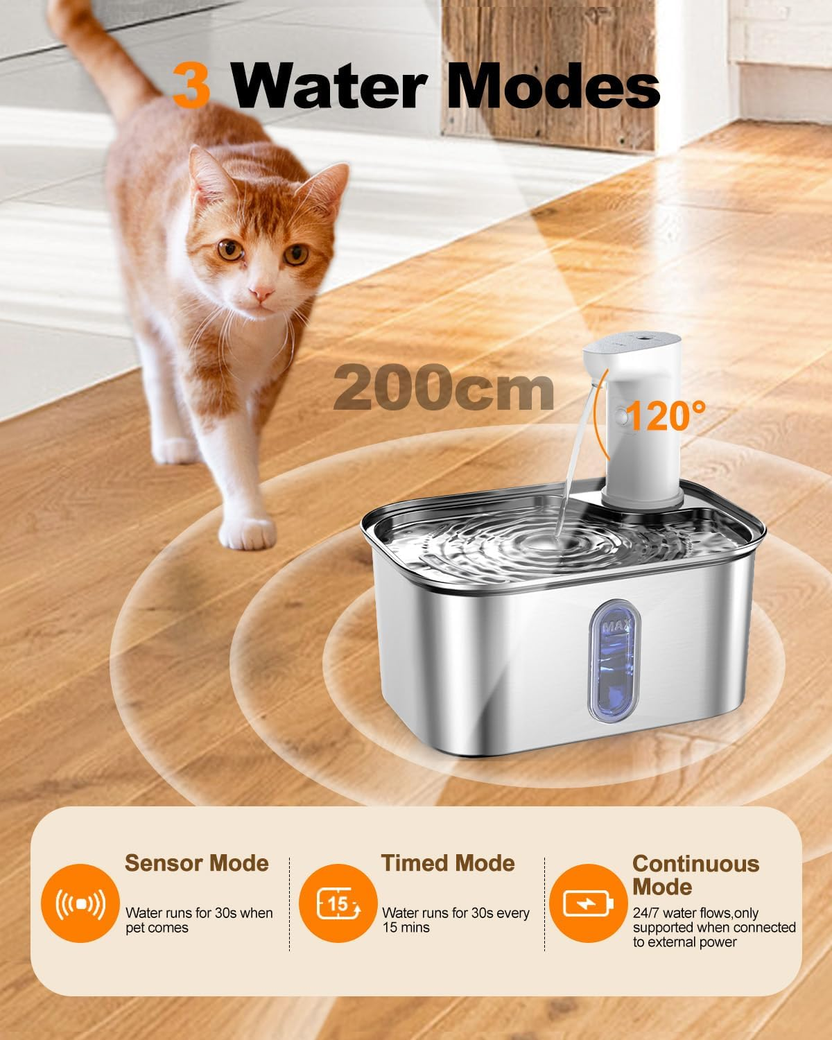 Oolong Cat Water Fountain,Automatic Wireless Pet Water Fountain Stainless Steel with Motion Sensor,3L Ultra Quiet Cat Drinking Fountain Battery Operated with Water Level Window,3 Modes and 3 Filters image number 3